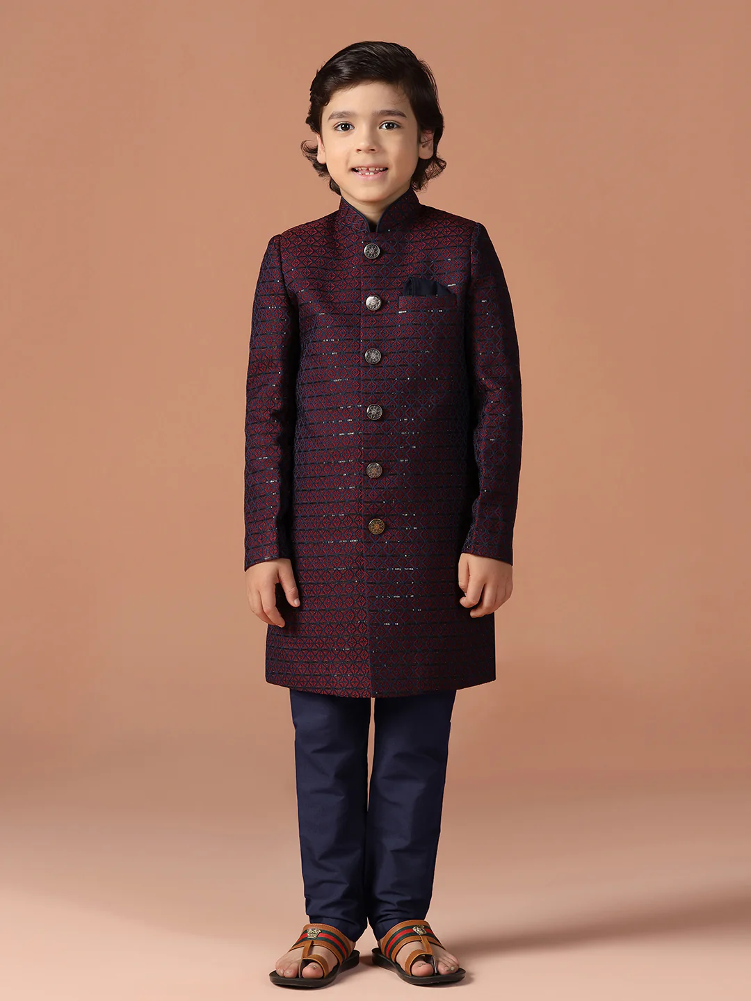 Maroon Jacquard Kids Sherwani Set - Image 8