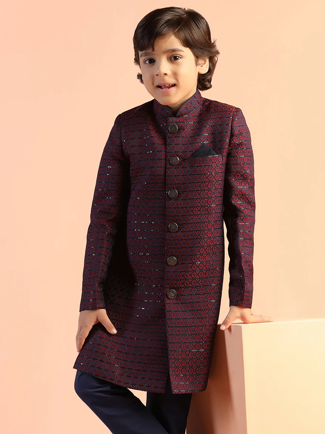 Maroon Jacquard Kids Sherwani Set - Image 9