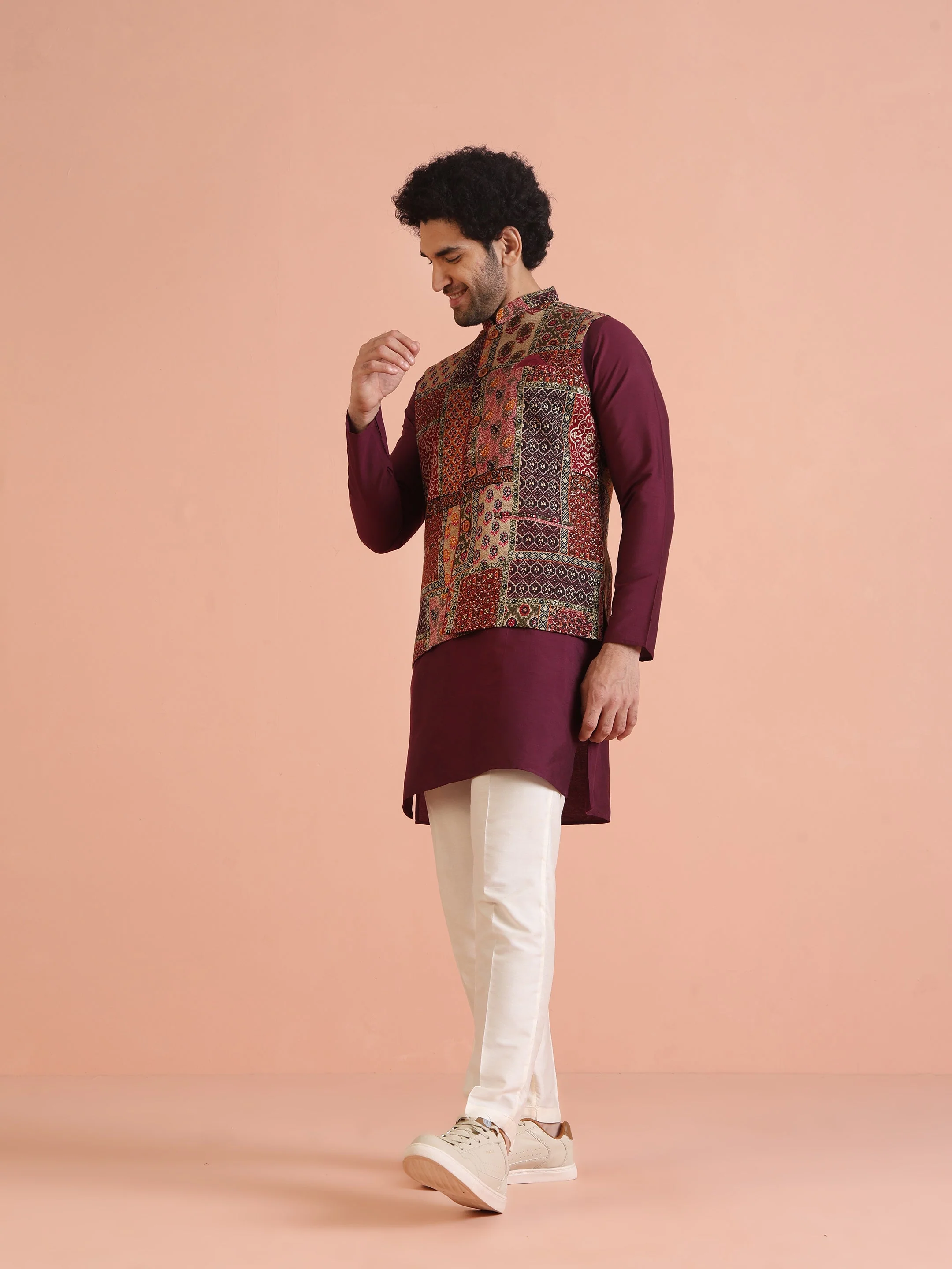 Maroon Multicolor Patchwork Printed Silk Blend Nehru Jacket - Image 3
