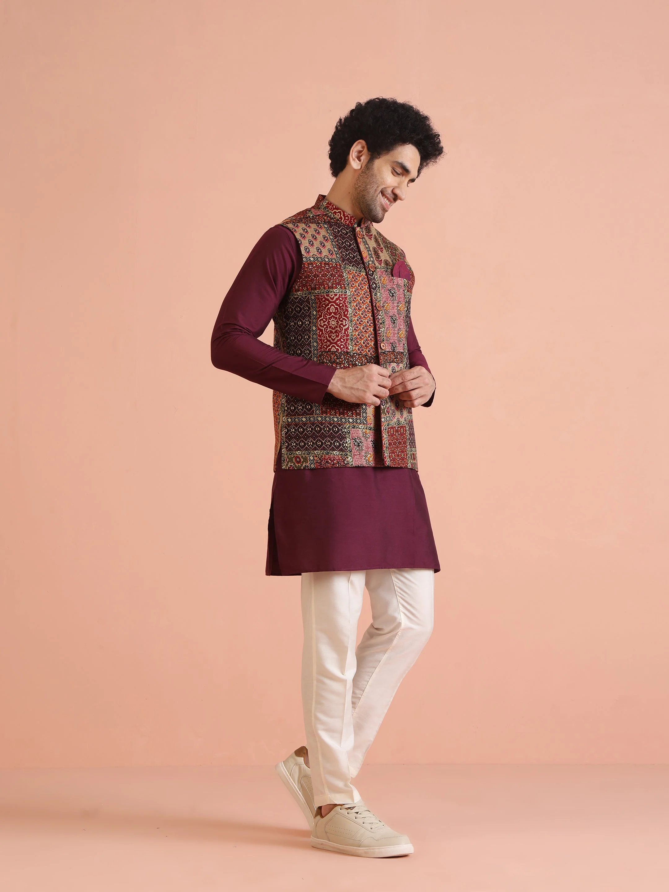 Maroon Multicolor Patchwork Printed Silk Blend Nehru Jacket - Image 5
