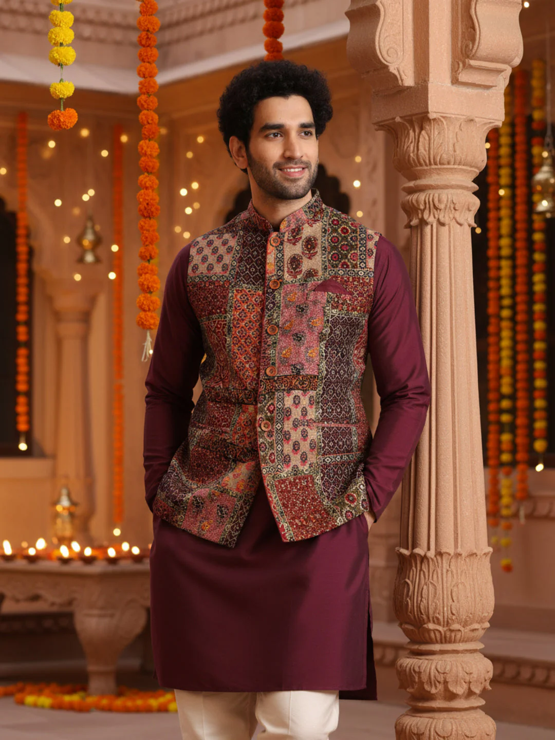 Maroon Multicolor Patchwork Printed Silk Blend Nehru Jacket - Image 9