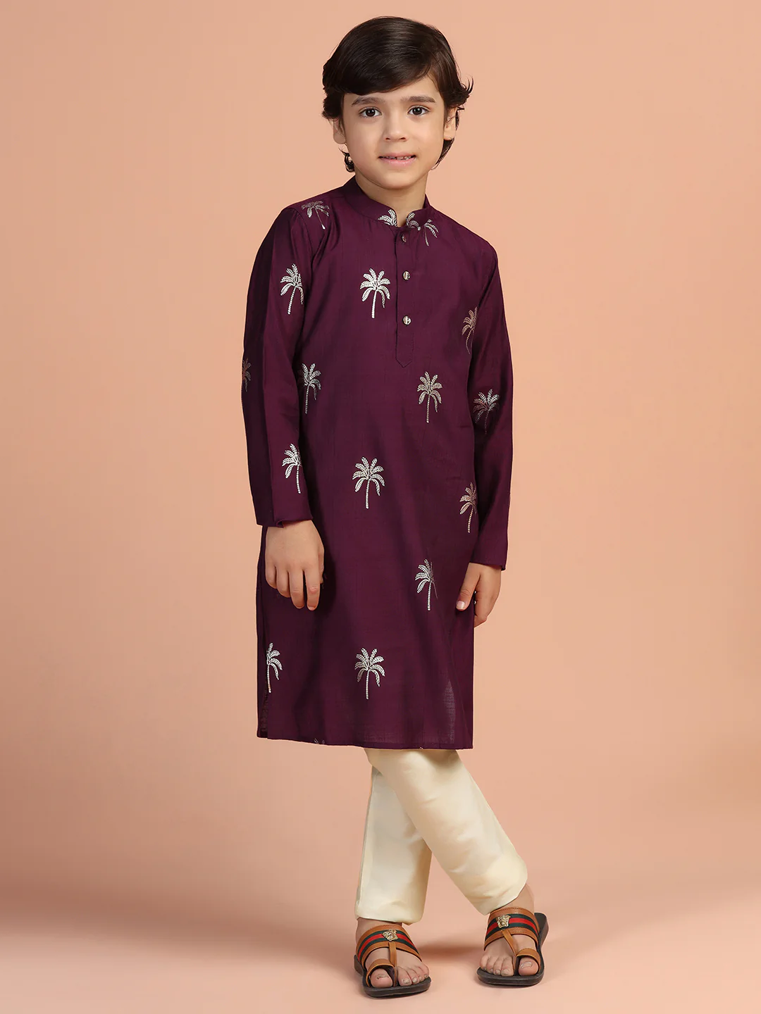Maroon Palm Printed Kids Kurta Set