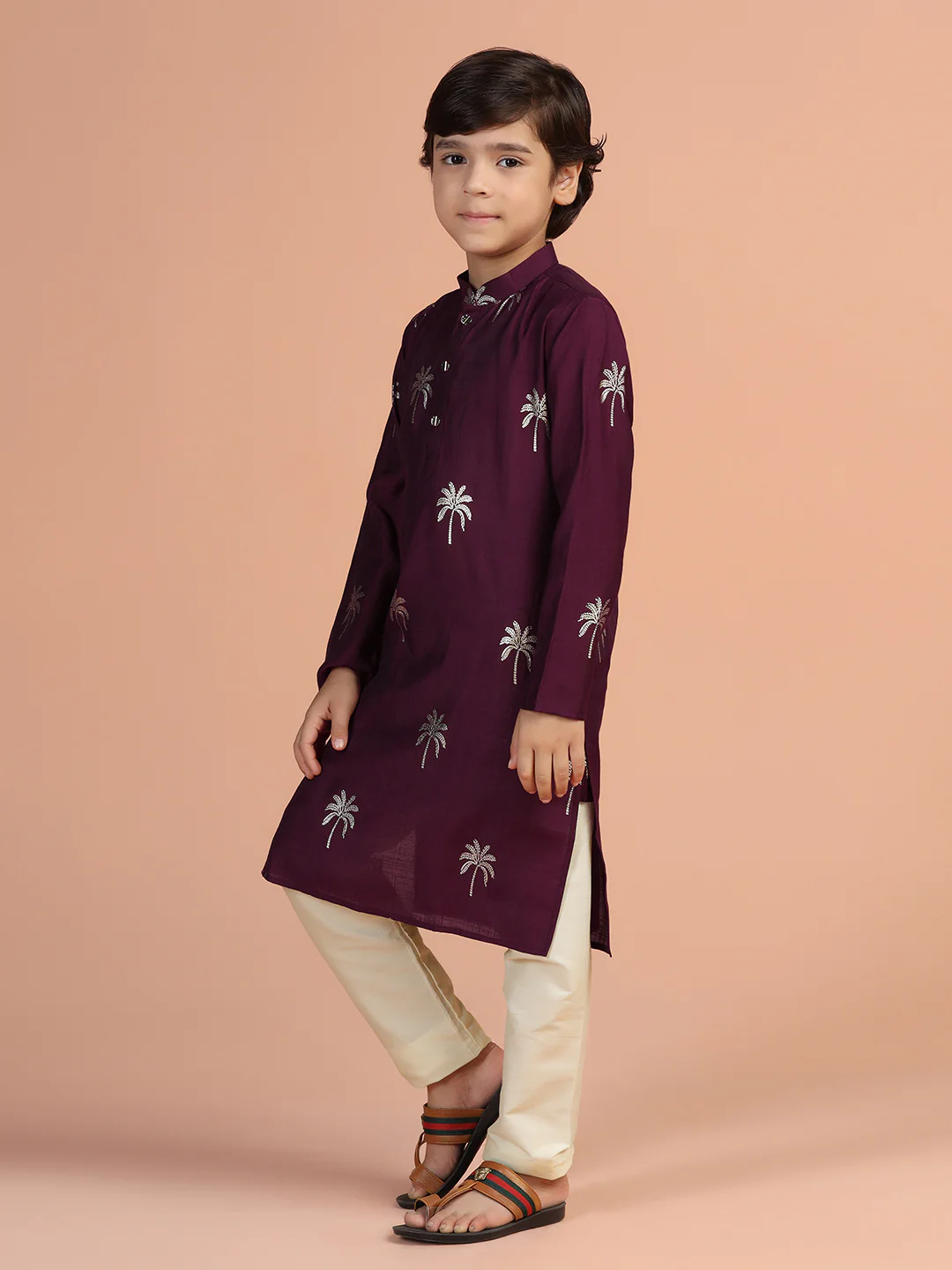 Maroon Palm Printed Kids Kurta Set - Image 2