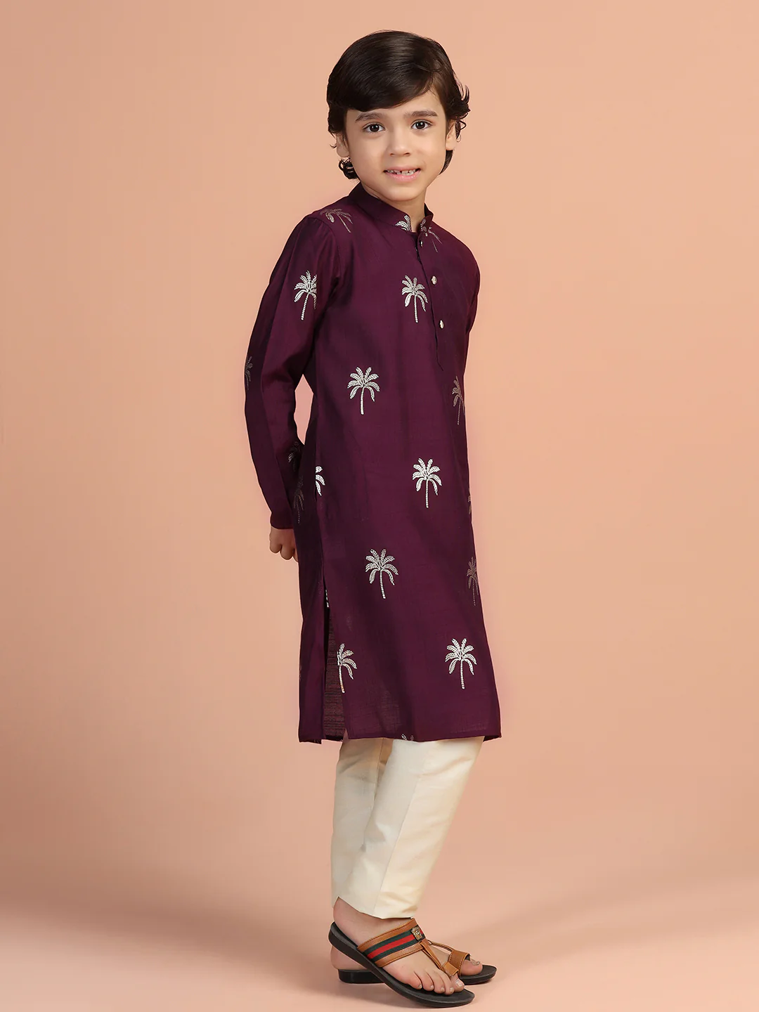 Maroon Palm Printed Kids Kurta Set - Image 3