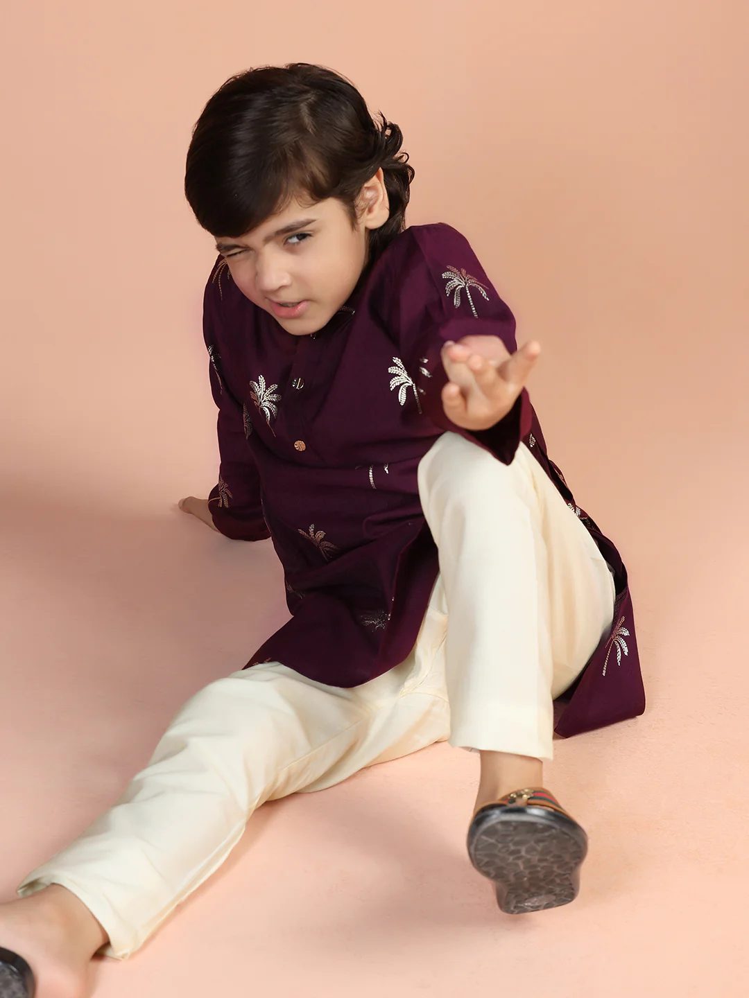 Maroon Palm Printed Kids Kurta Set - Image 8