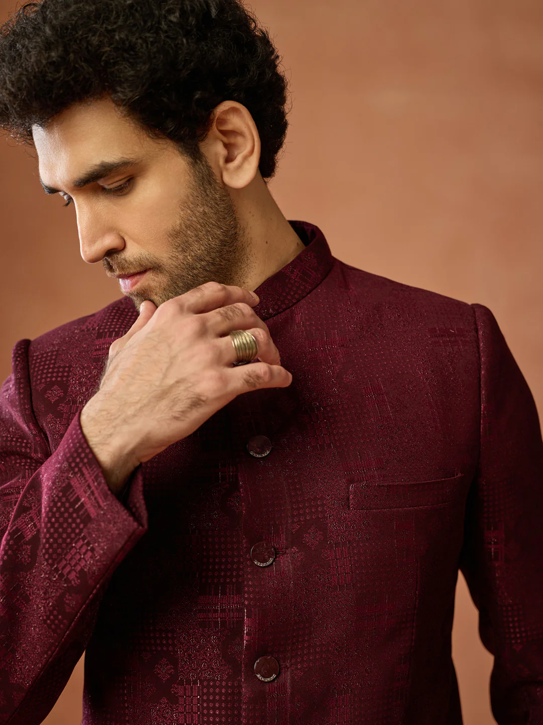 Maroon Textured Silk Blend Bandhgala Jodhpuri - Image 5