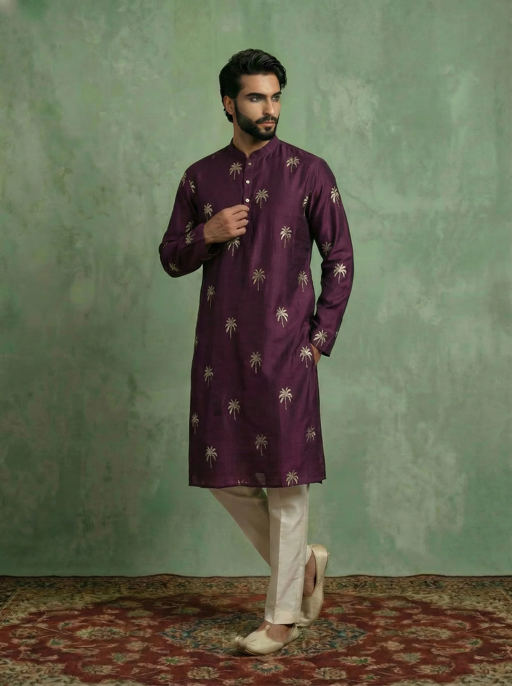 Maroon Polyrayon Gold Printed Kurta Trouser Set