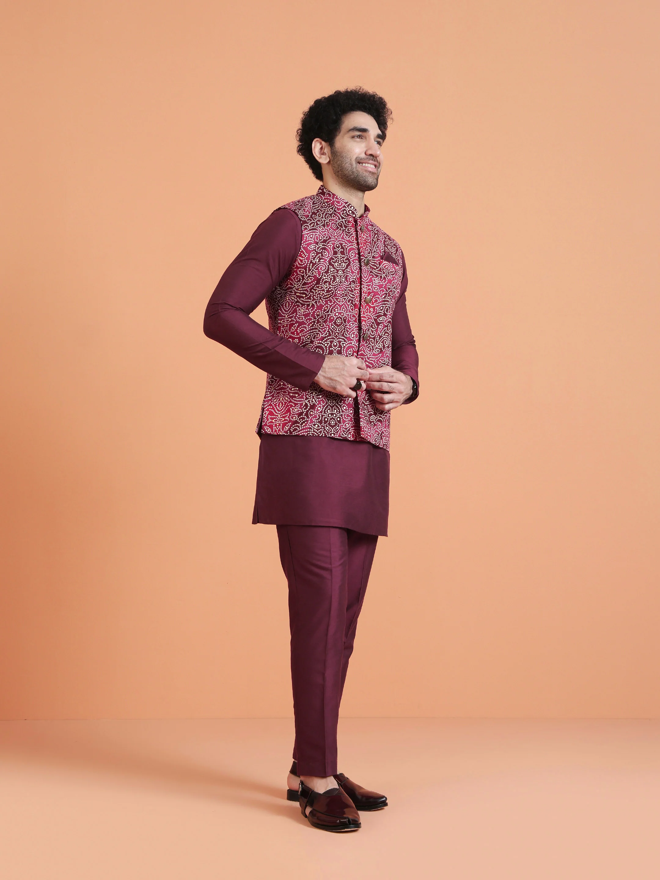 Magenta Silk Blend Printed Nehru Jacket - Image 2