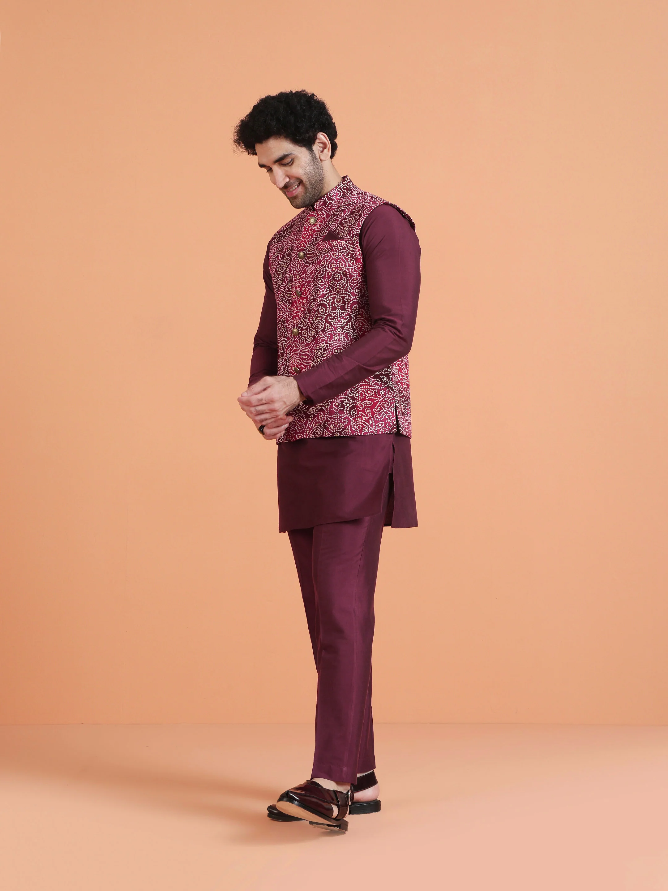 Magenta Silk Blend Printed Nehru Jacket - Image 3