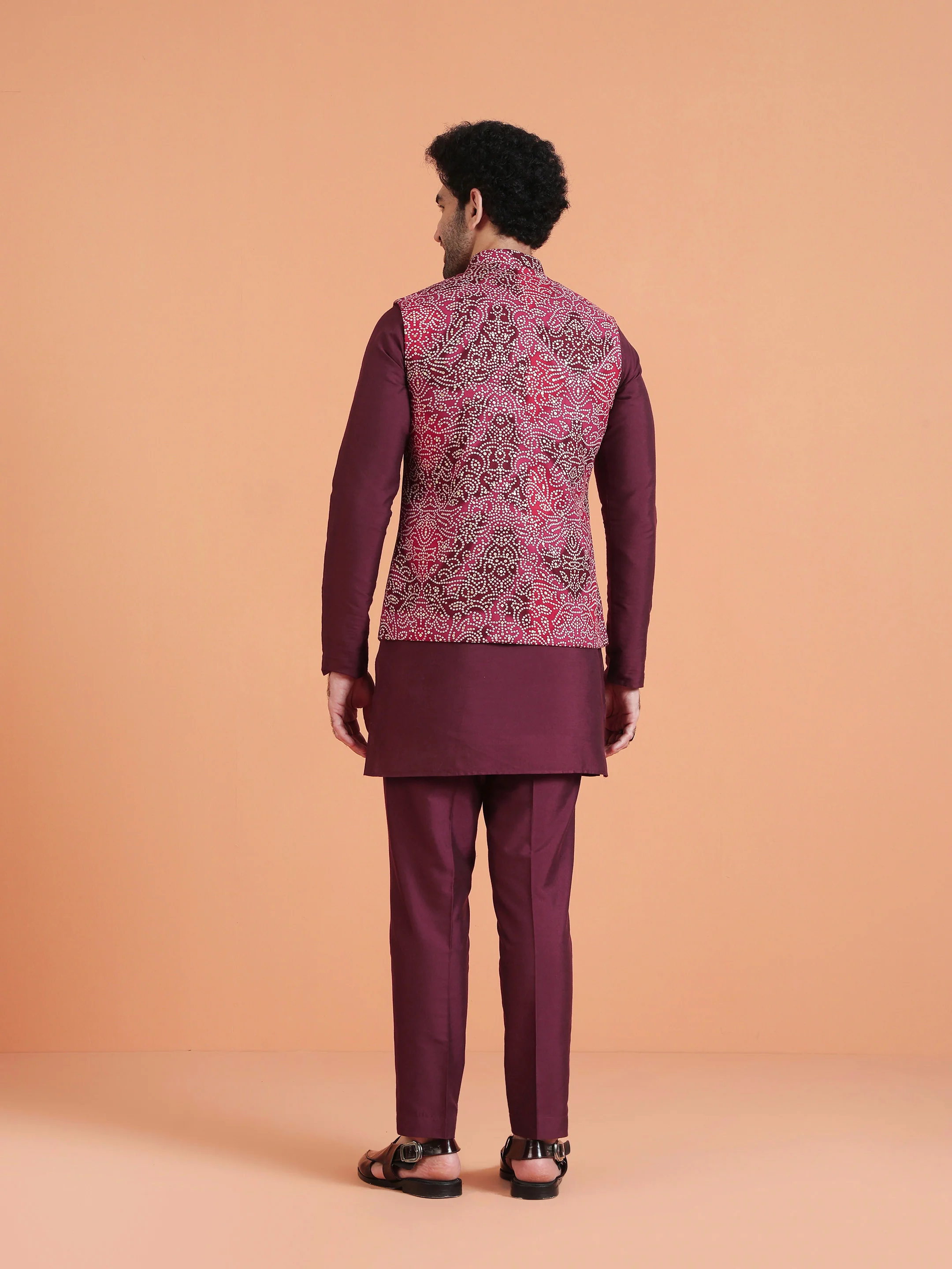 Magenta Silk Blend Printed Nehru Jacket - Image 4