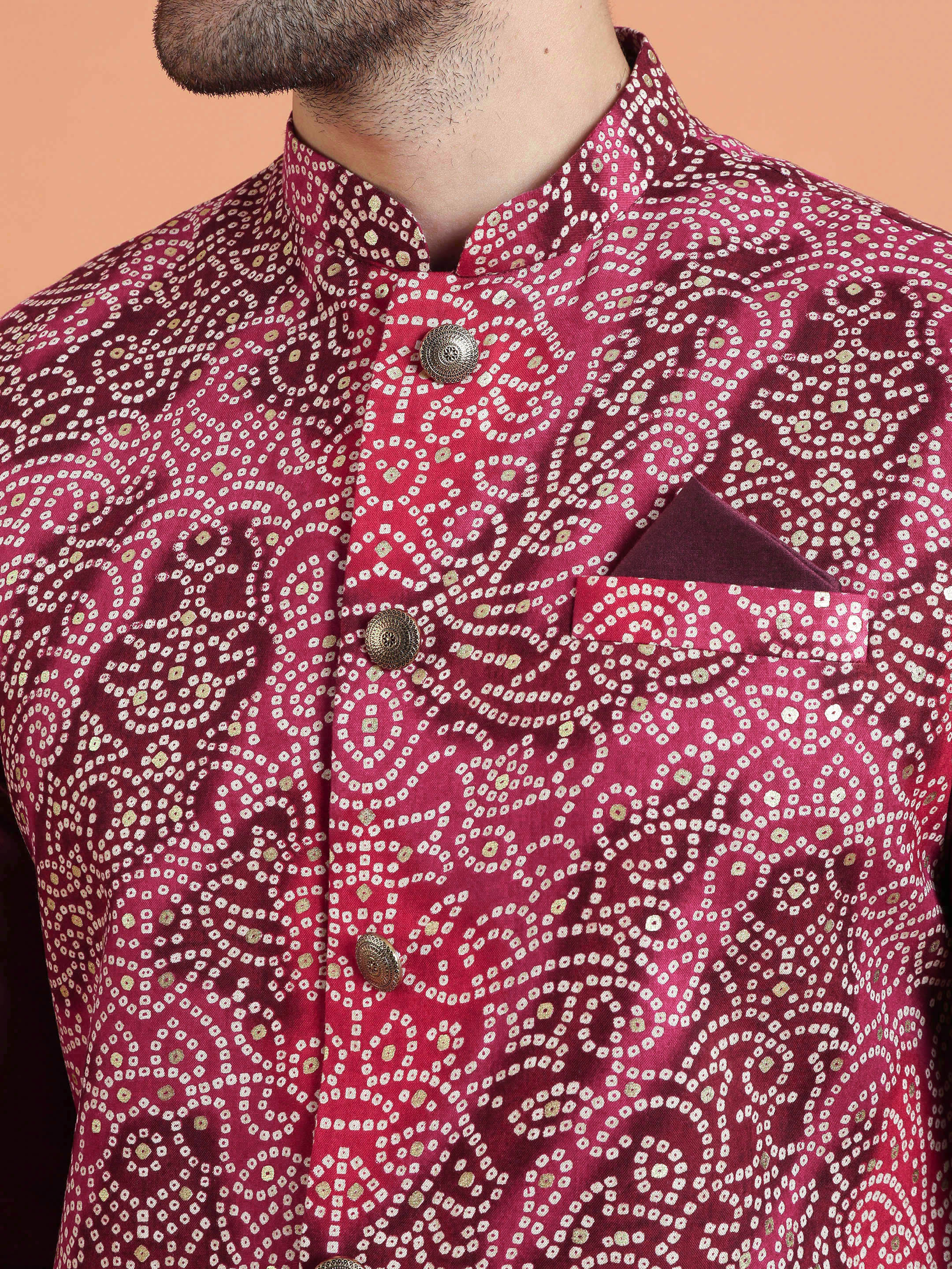 Magenta Silk Blend Printed Nehru Jacket - Image 5