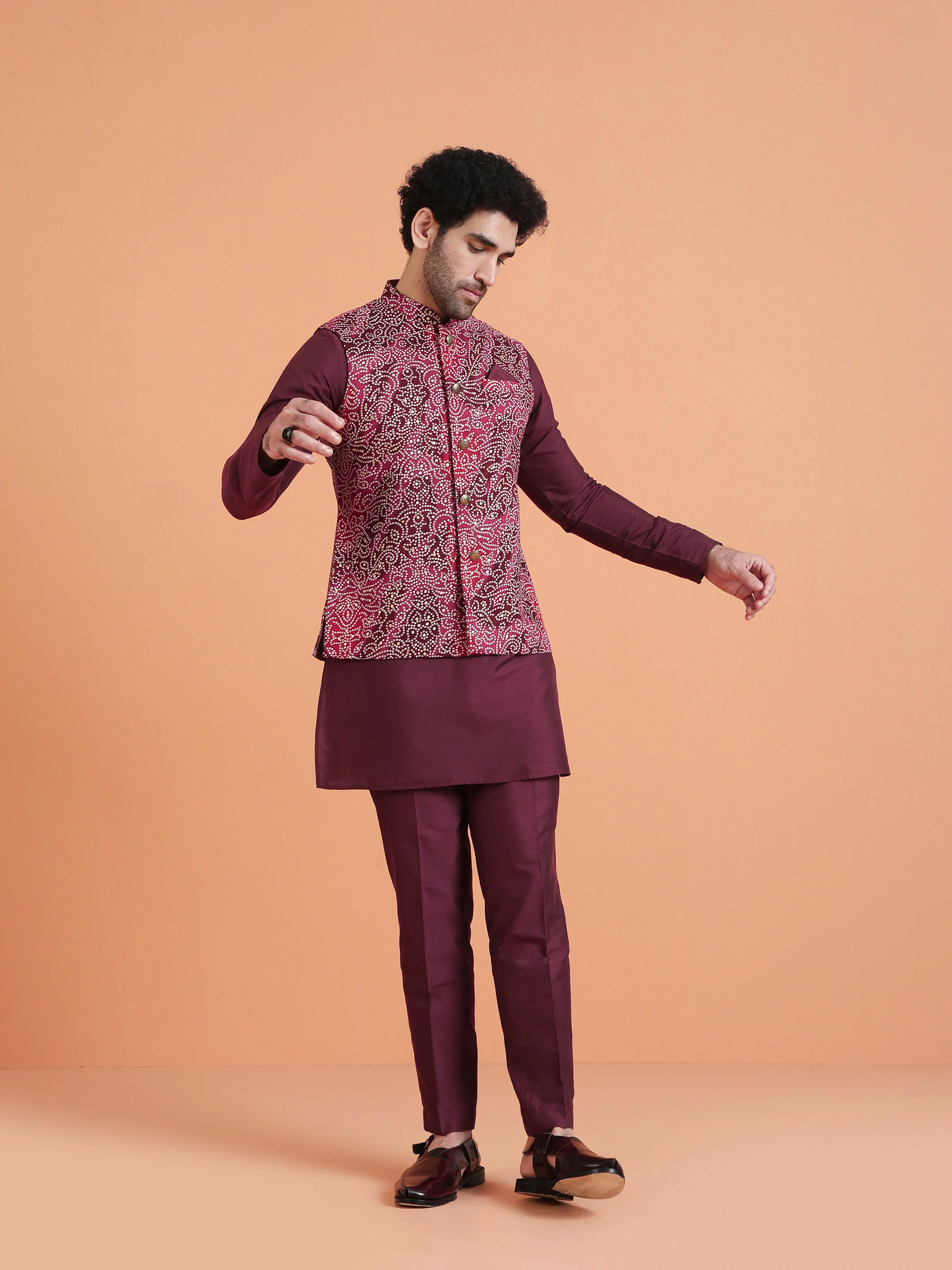 Magenta Silk Blend Printed Nehru Jacket - Image 6
