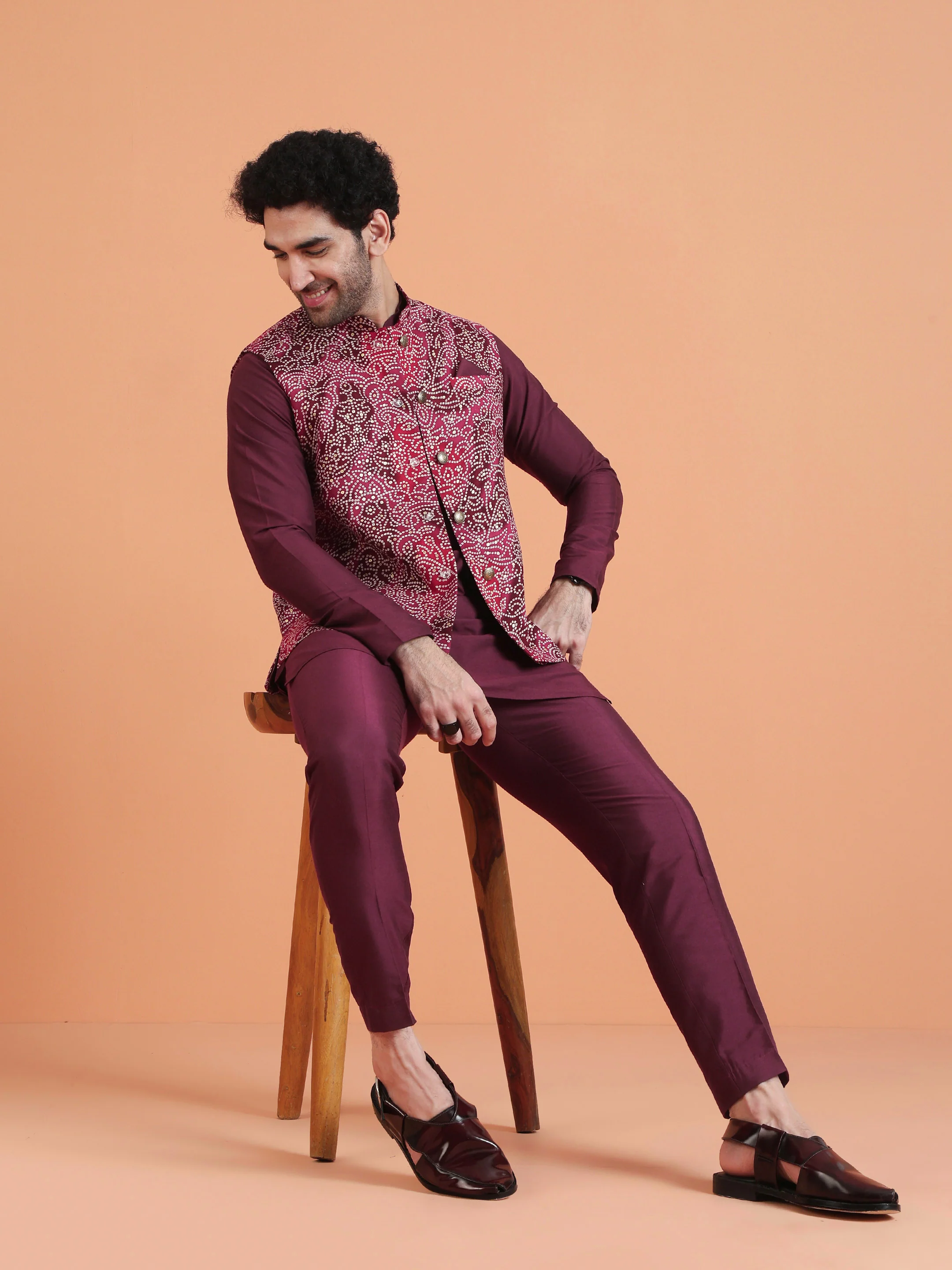 Magenta Silk Blend Printed Nehru Jacket - Image 7