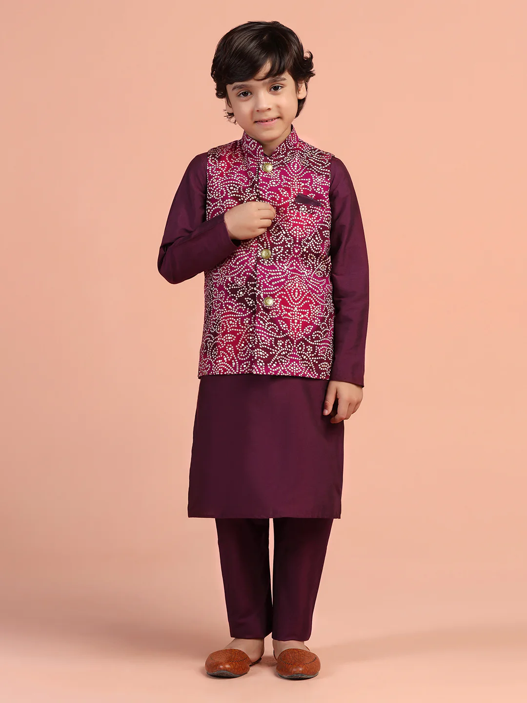 Maroon Printed Jacket Kurta Set for Kids - Image 7