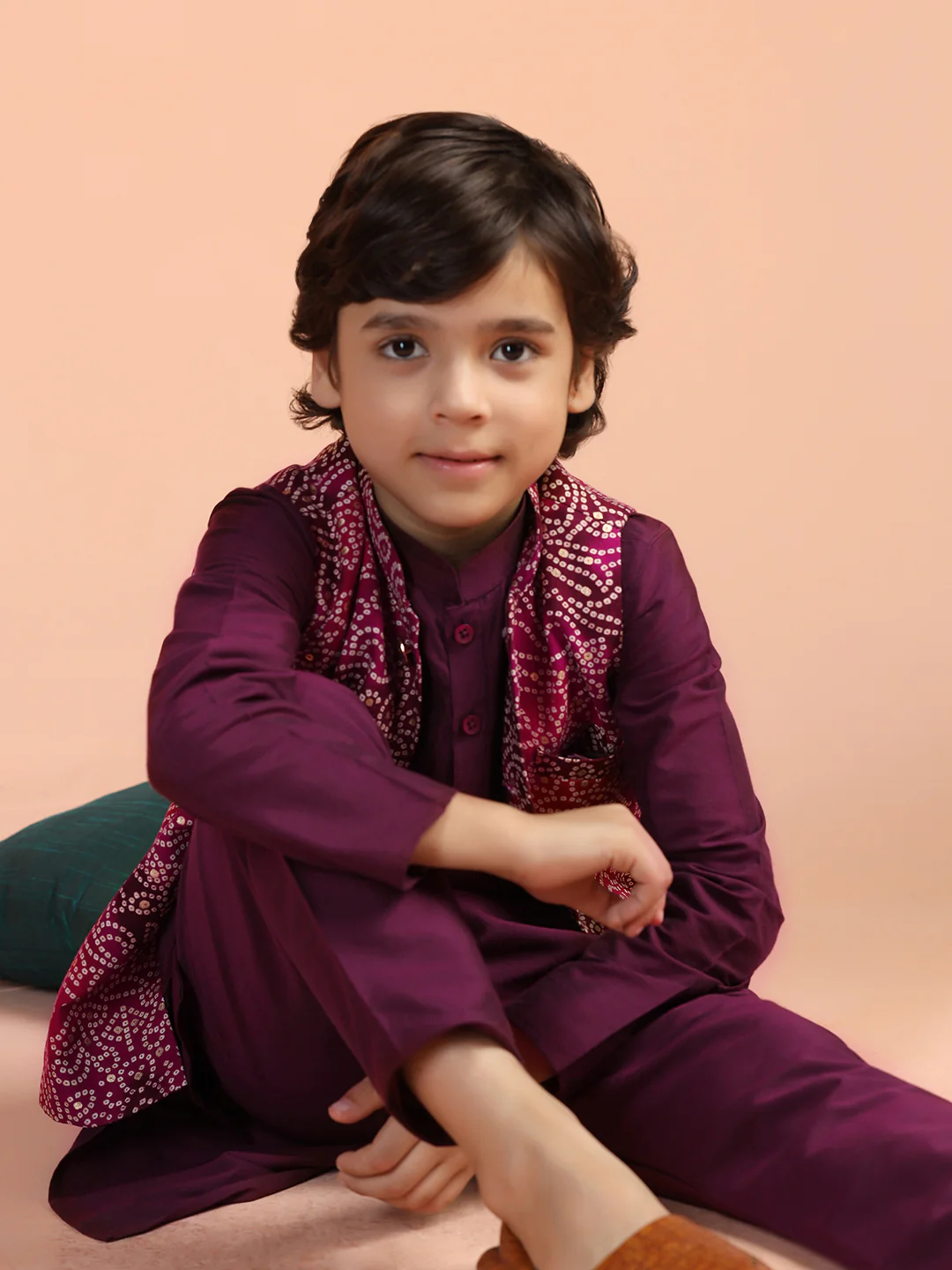 Maroon Printed Jacket Kurta Set for Kids - Image 8