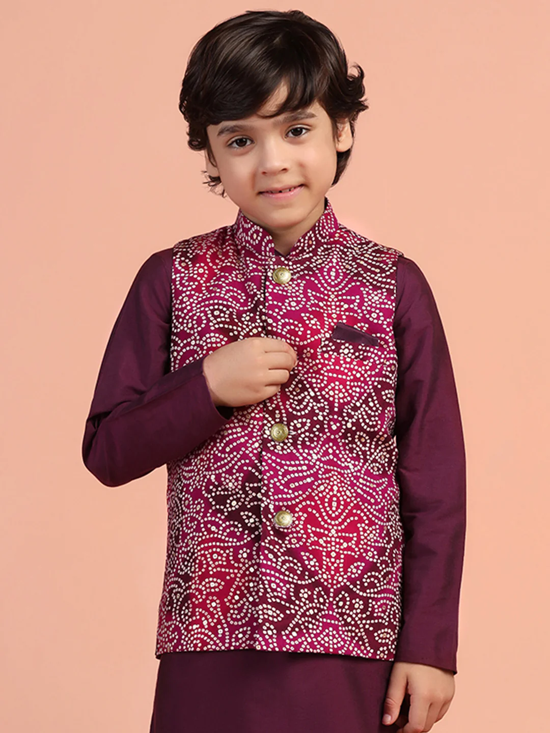 Maroon Printed Jacket Kurta Set for Kids - Image 9