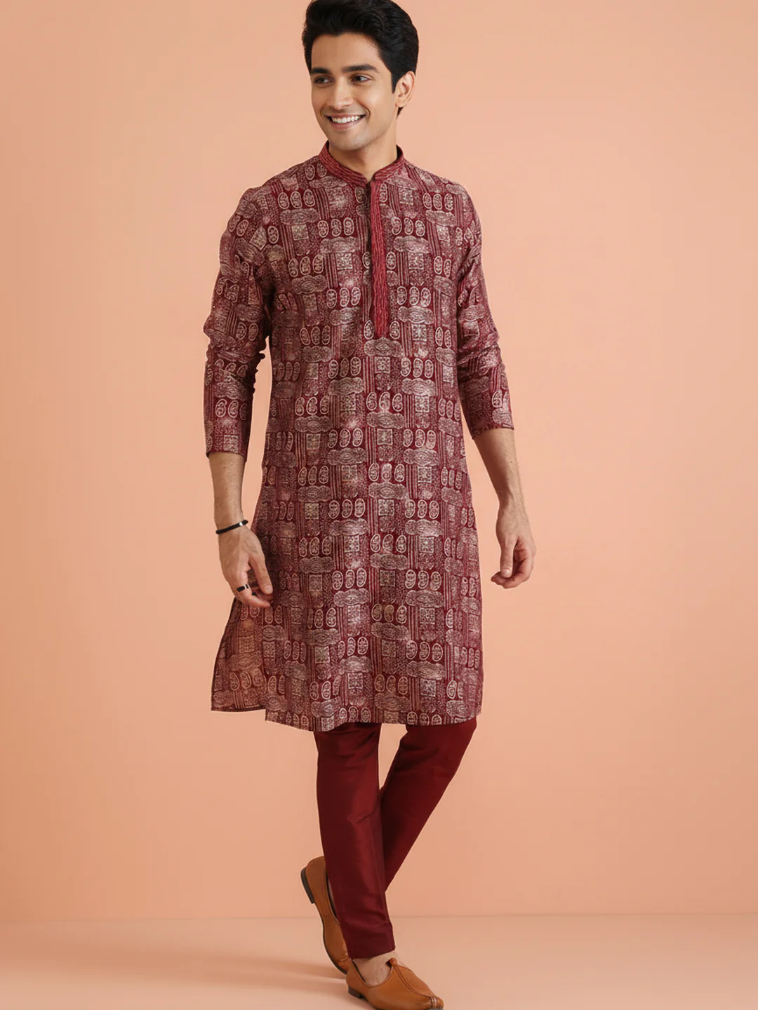 Maroon Printed Kurta Trouser Set