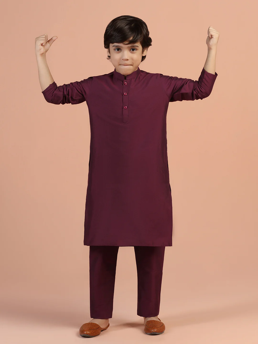 Maroon Satin Kurta Pyjama Set for Kids - Image 7