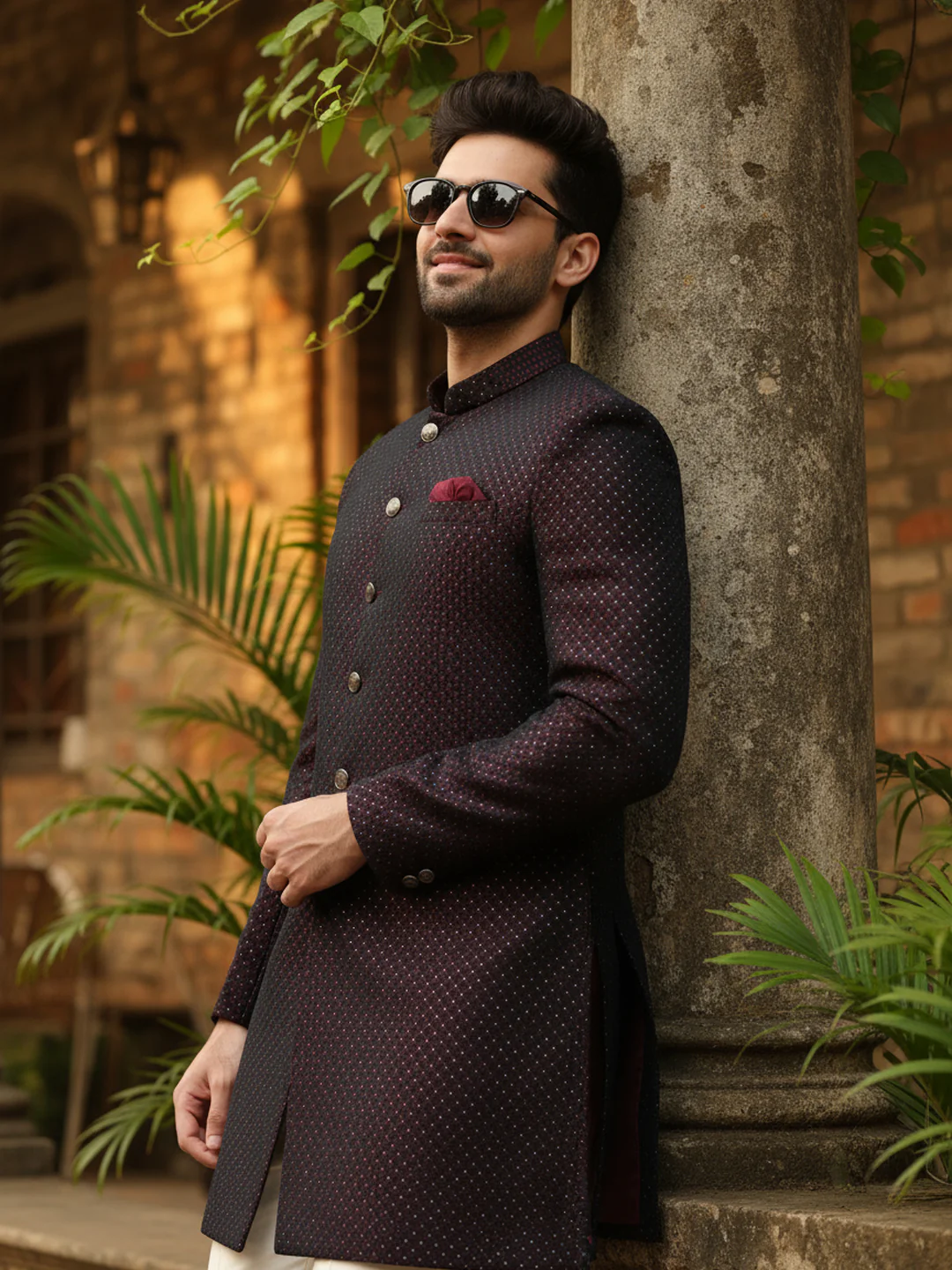 Maroon Self-Pattern Sherwani Trouser Set - Image 2