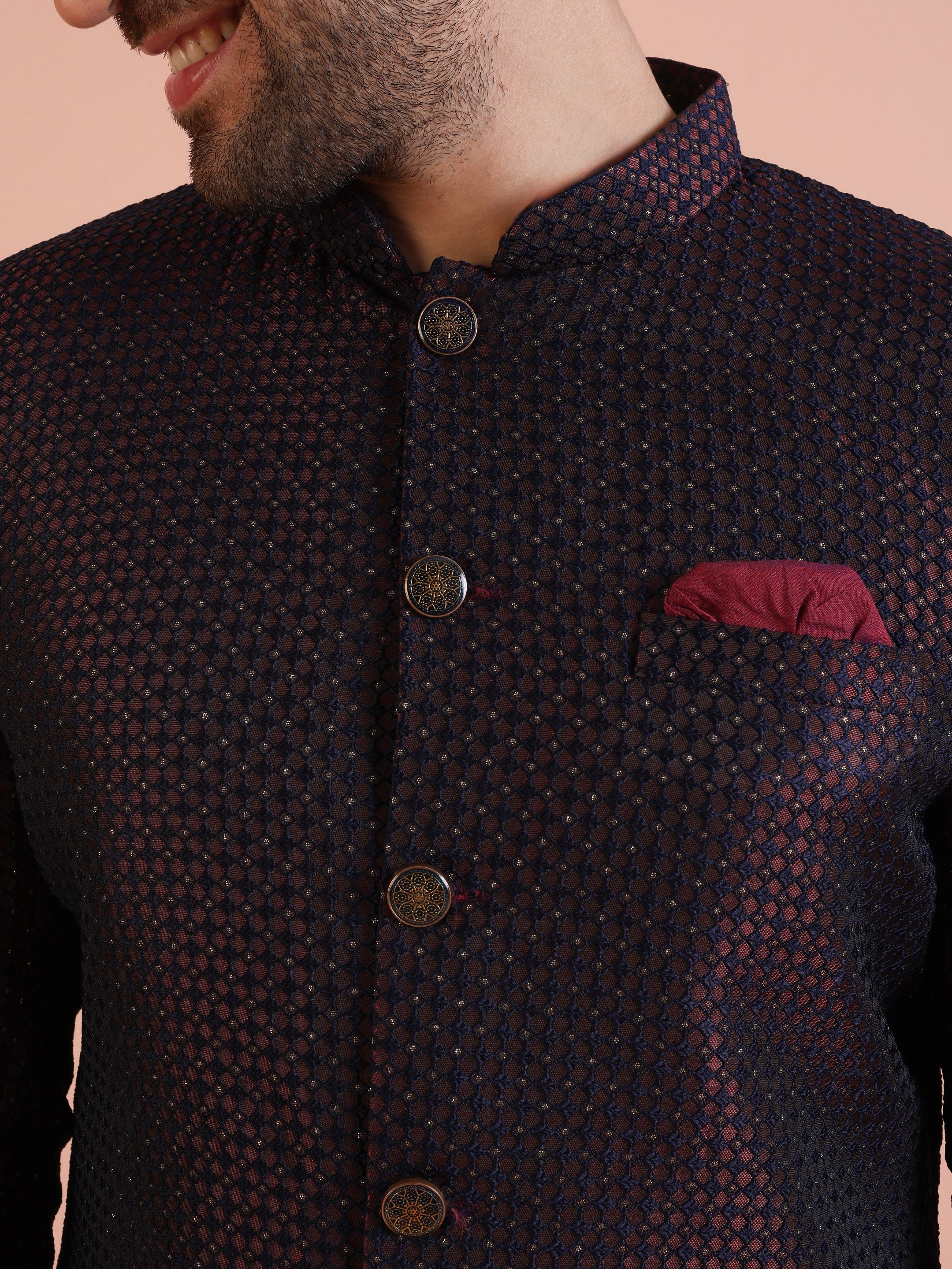Maroon Self-Pattern Sherwani Trouser Set - Image 5