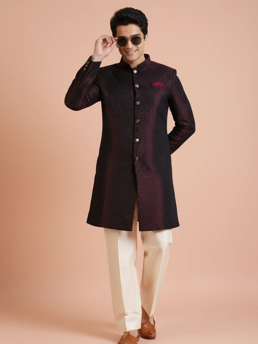 Maroon Self-Pattern Sherwani Trouser Set - Image 7
