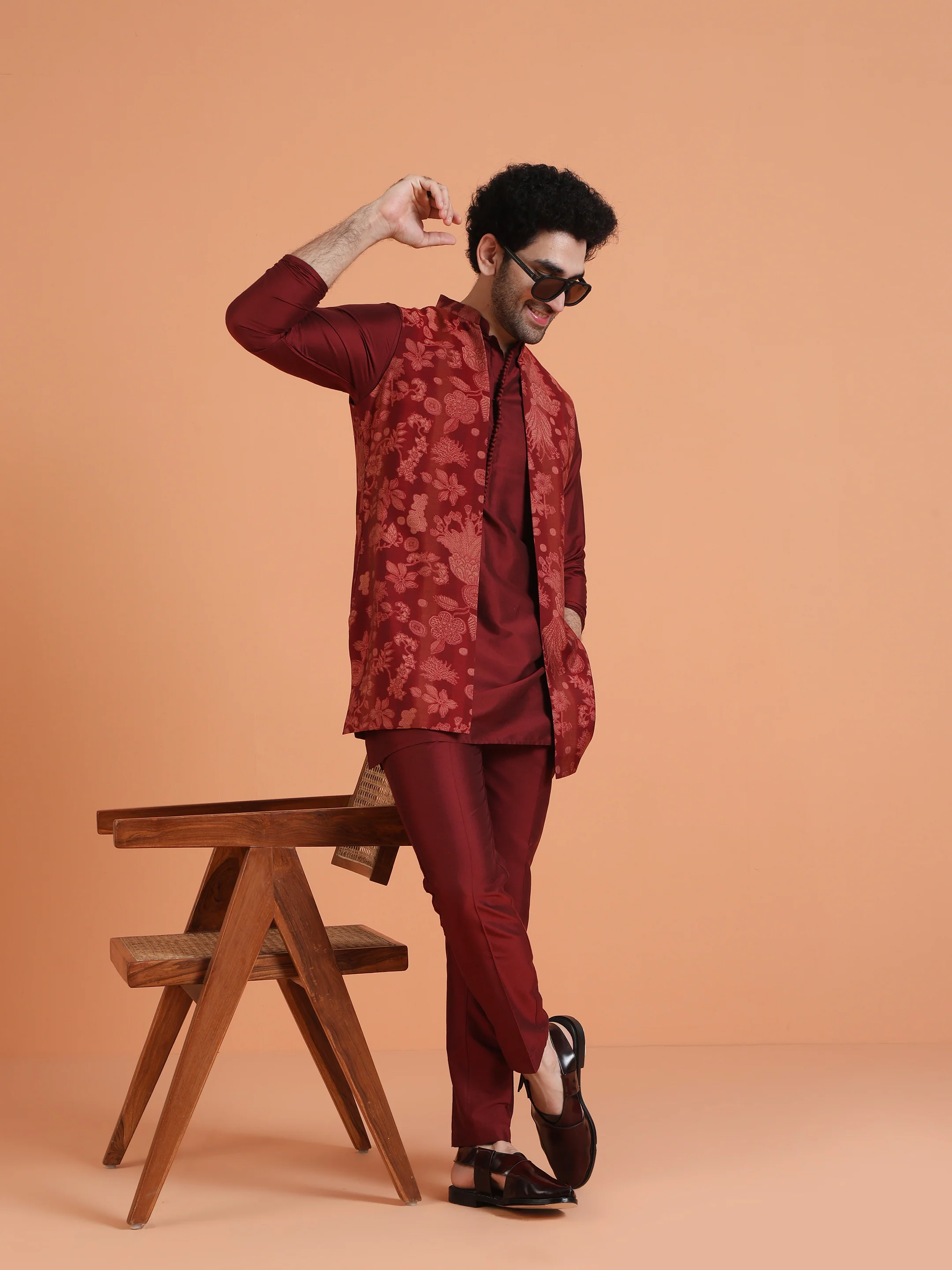Maroon Silk Blend Floral Long Jacket Kurta Trouser