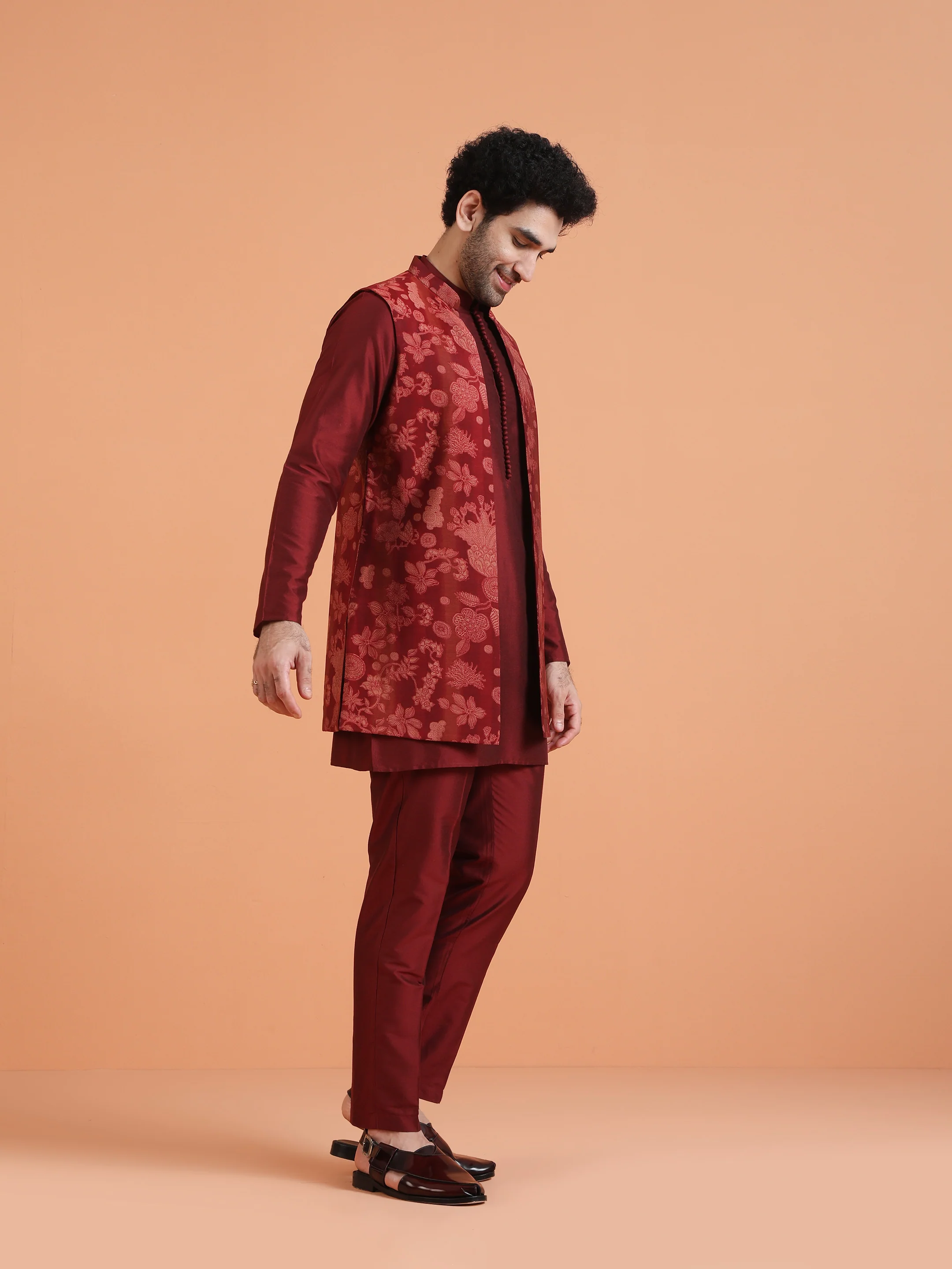 Maroon Silk Blend Floral Long Jacket Kurta Trouser - Image 3