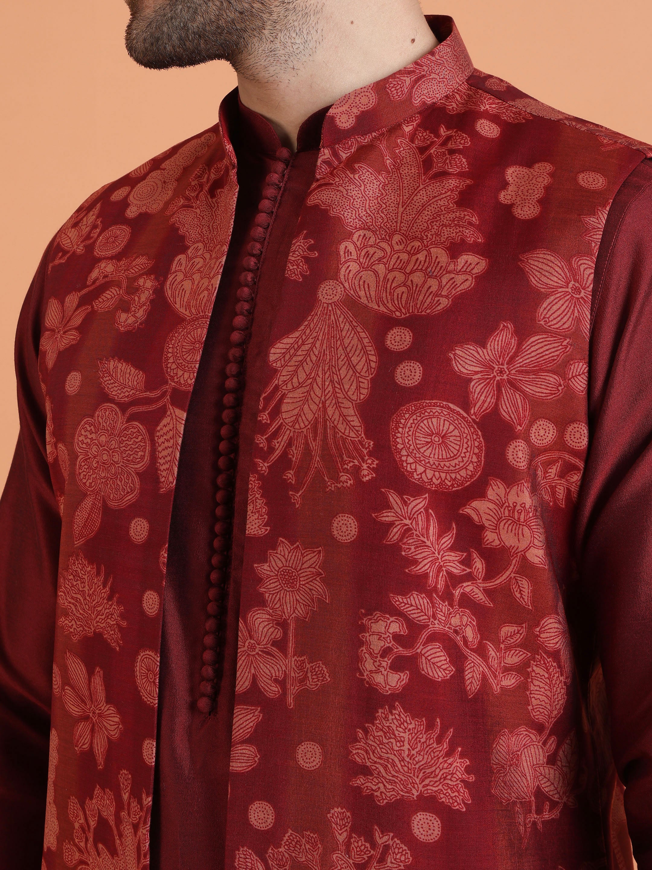 Maroon Silk Blend Floral Long Jacket Kurta Trouser - Image 5