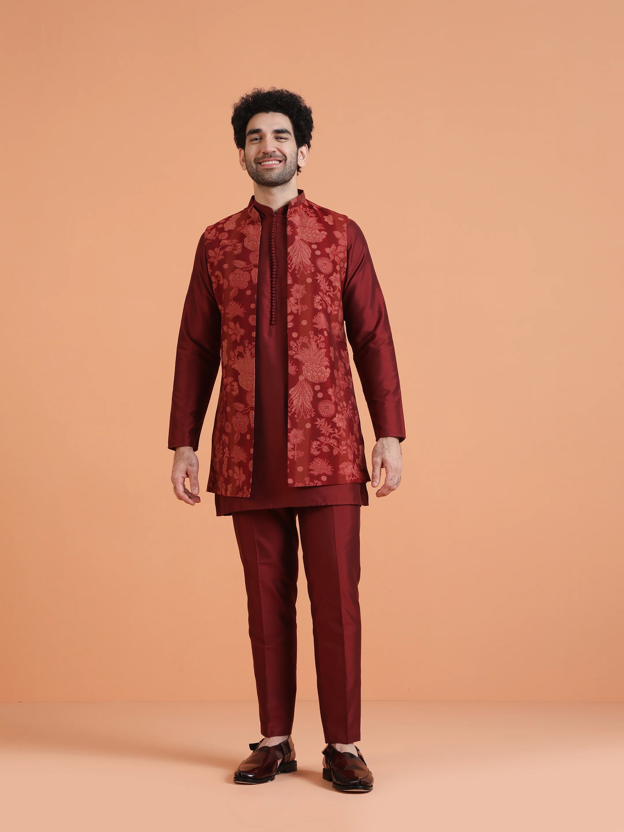 Maroon Silk Blend Floral Long Jacket Kurta Trouser - Image 8