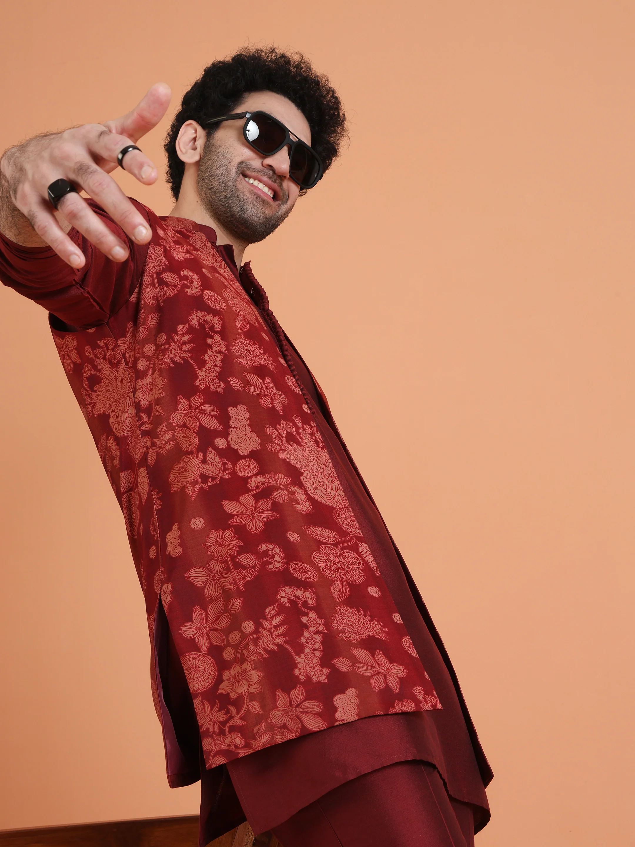 Maroon Silk Blend Floral Long Jacket Kurta Trouser - Image 9