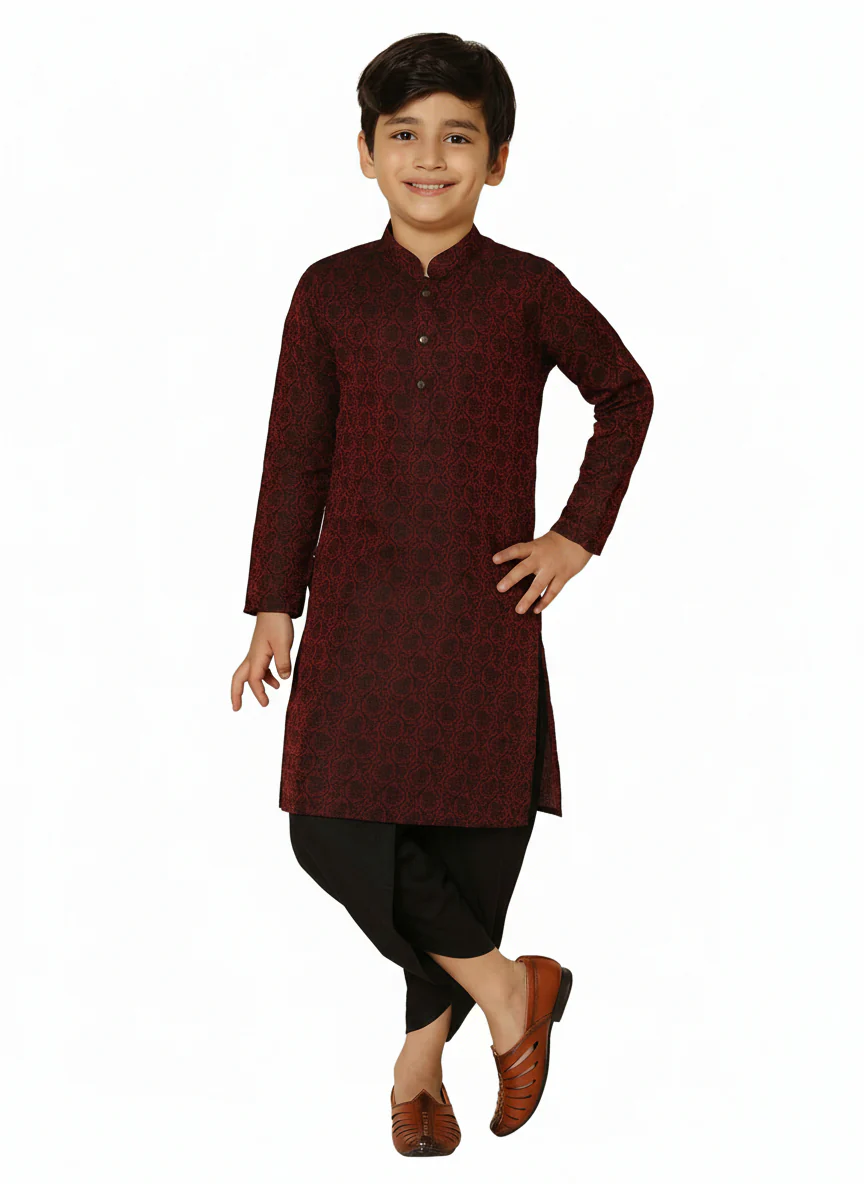 Maroon Silk Blend Jacquard Kurta Dhoti Set - Image 7