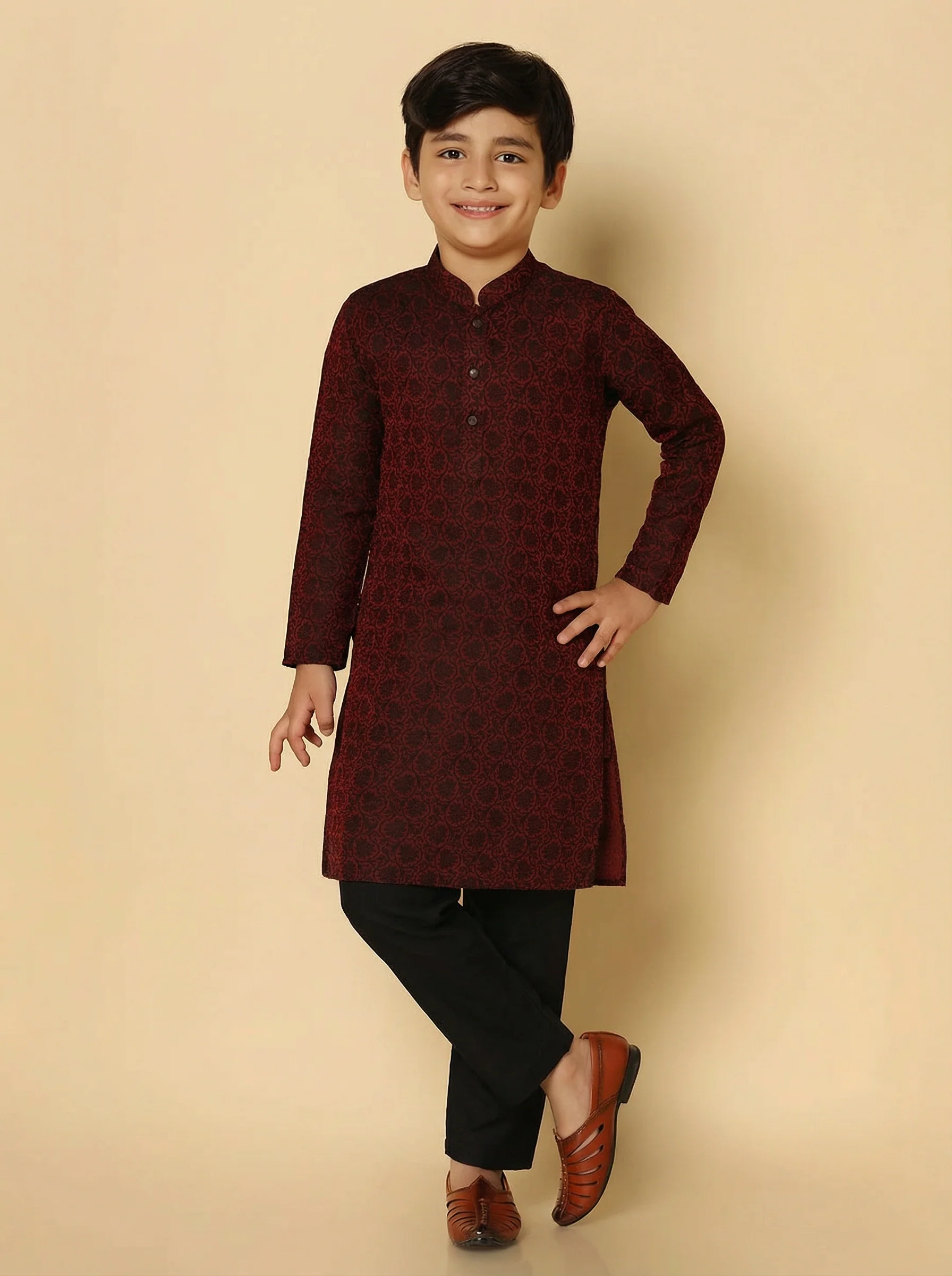 Maroon Silk Blend Jacquard Kurta Pyjama Set