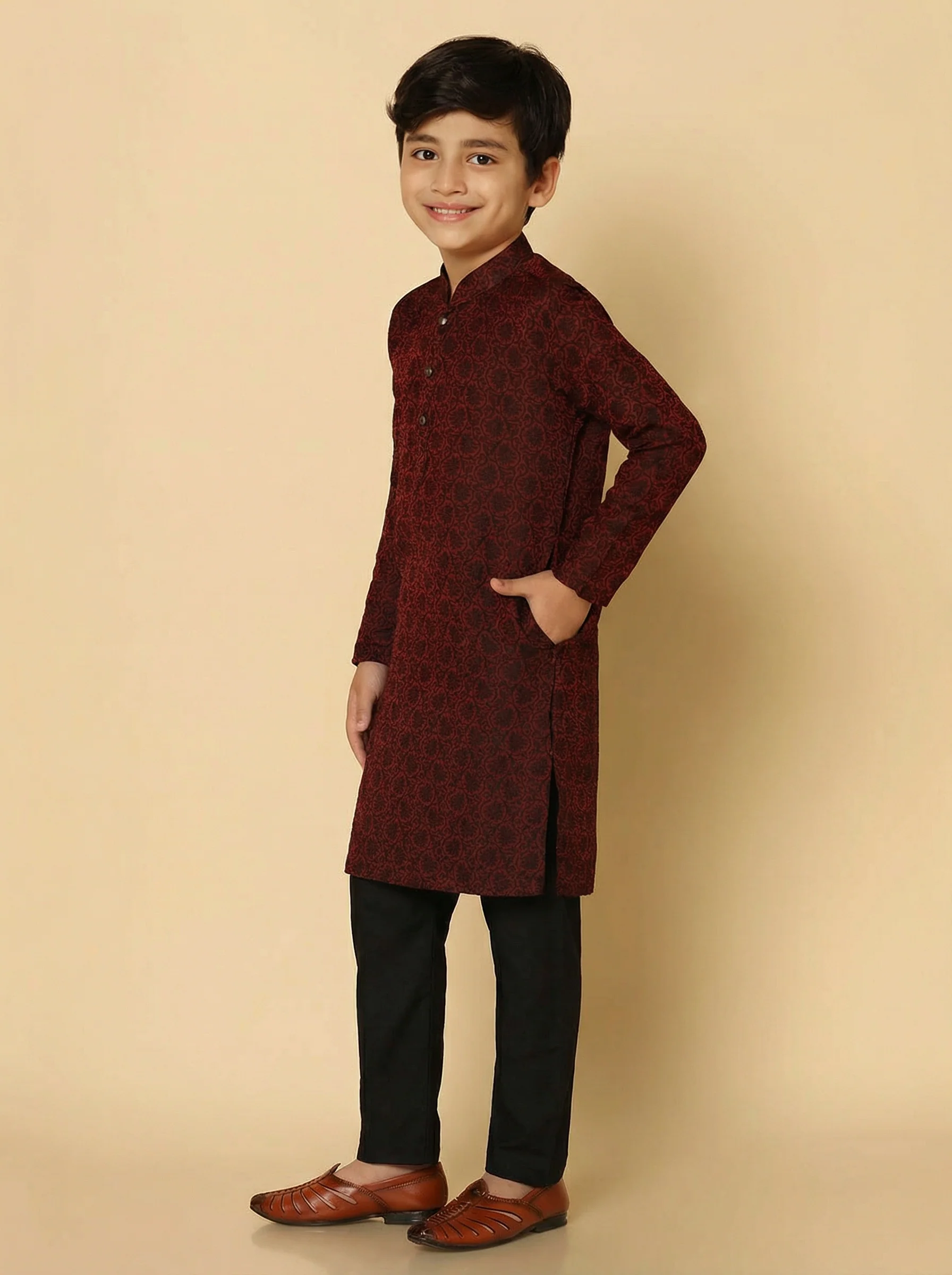 Maroon Silk Blend Jacquard Kurta Pyjama Set - Image 2