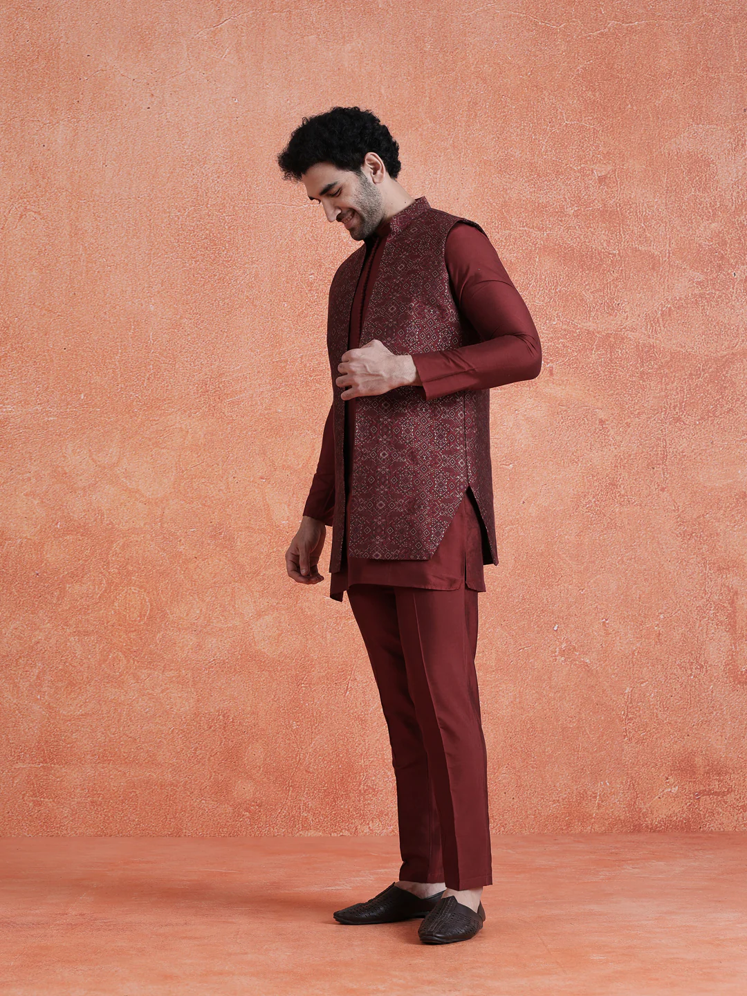 Maroon Silk Blend Jacquard Mid Kurta Front Open Long Jacket Trouser Set - Image 2