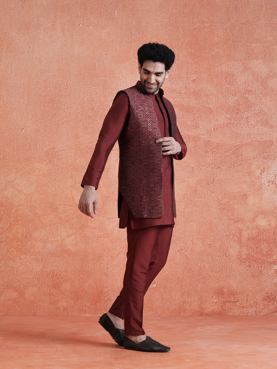 Maroon Silk Blend Jacquard Mid Kurta Front Open Long Jacket Trouser Set - Image 3