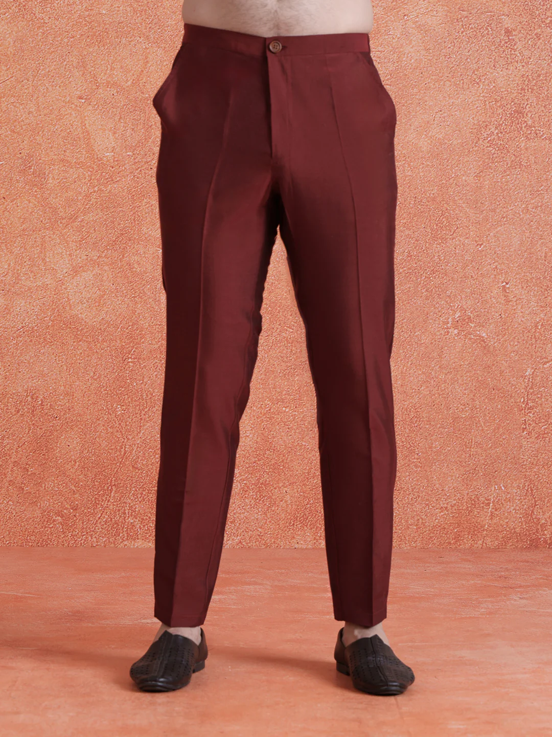 Maroon Silk Blend Jacquard Mid Kurta Front Open Long Jacket Trouser Set - Image 6
