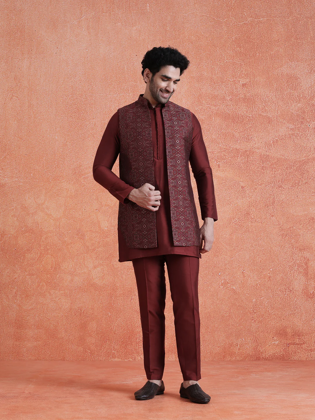 Maroon Silk Blend Jacquard Mid Kurta Front Open Long Jacket Trouser Set - Image 8