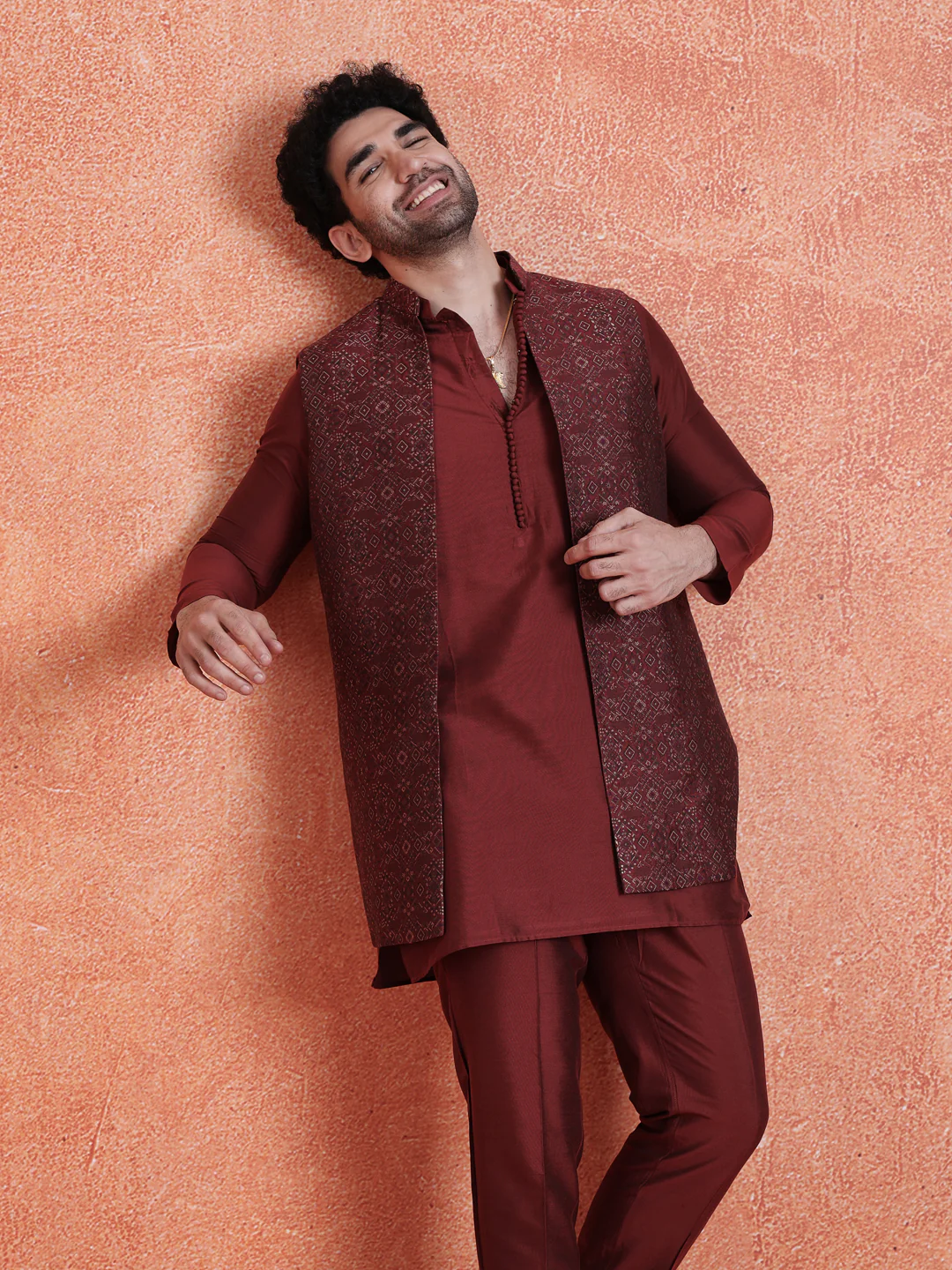 Maroon Silk Blend Jacquard Mid Kurta Front Open Long Jacket Trouser Set - Image 9