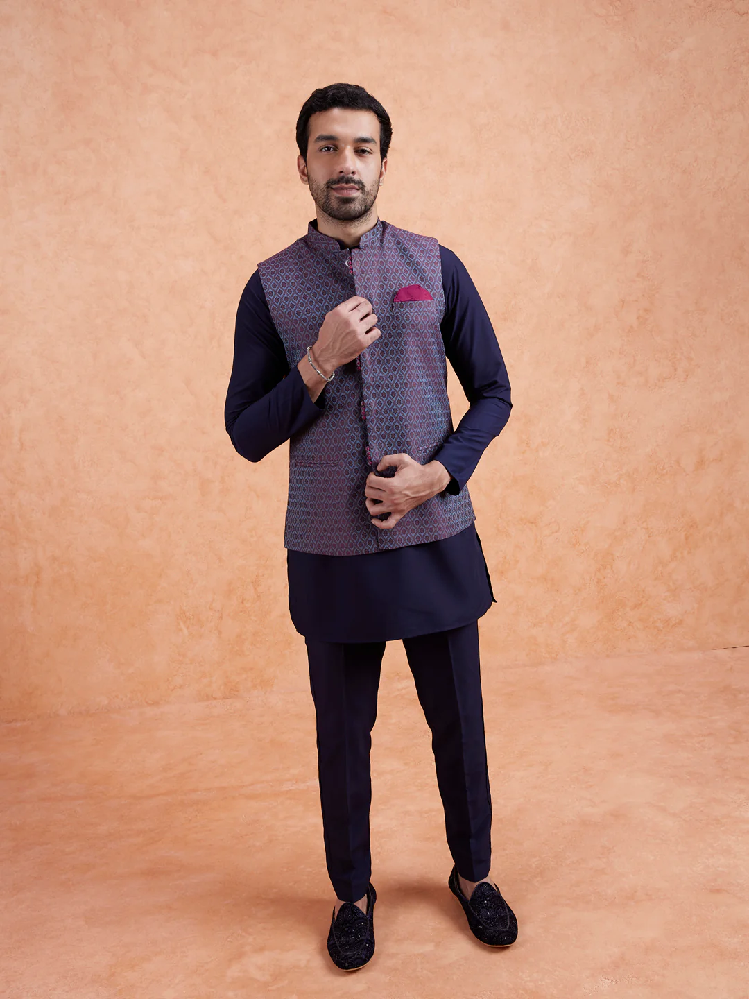 Wine Jacquard Kurta Jacket Set