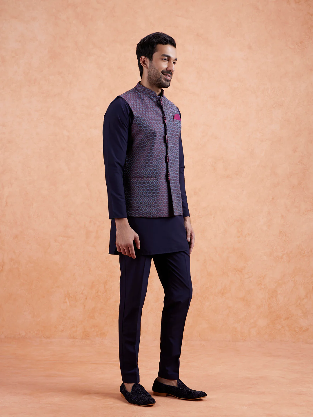 Wine Jacquard Kurta Jacket Set - Image 4