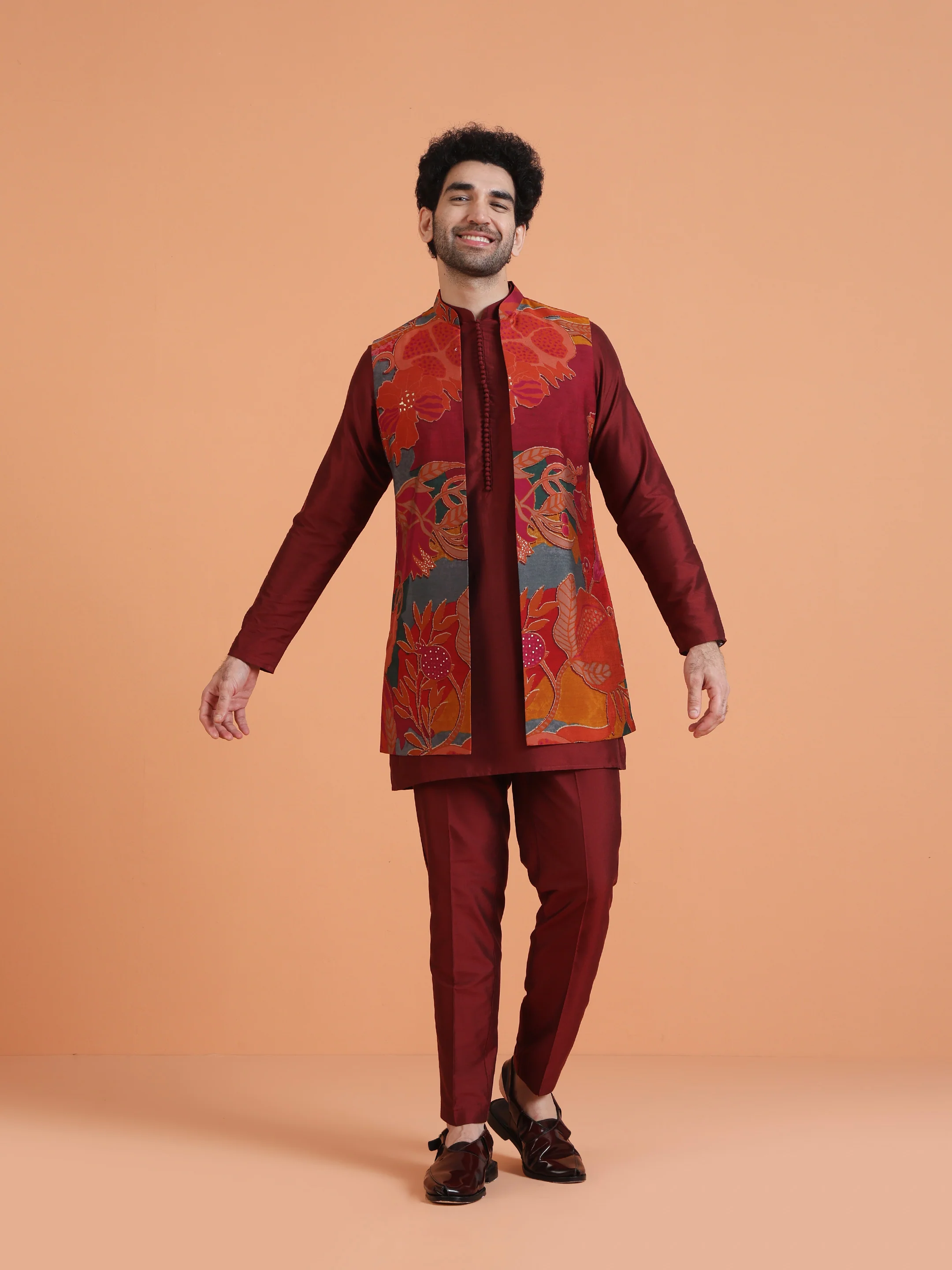 Maroon Silk Blend Multicolor Velvet Long Jacket Kurta Trouser