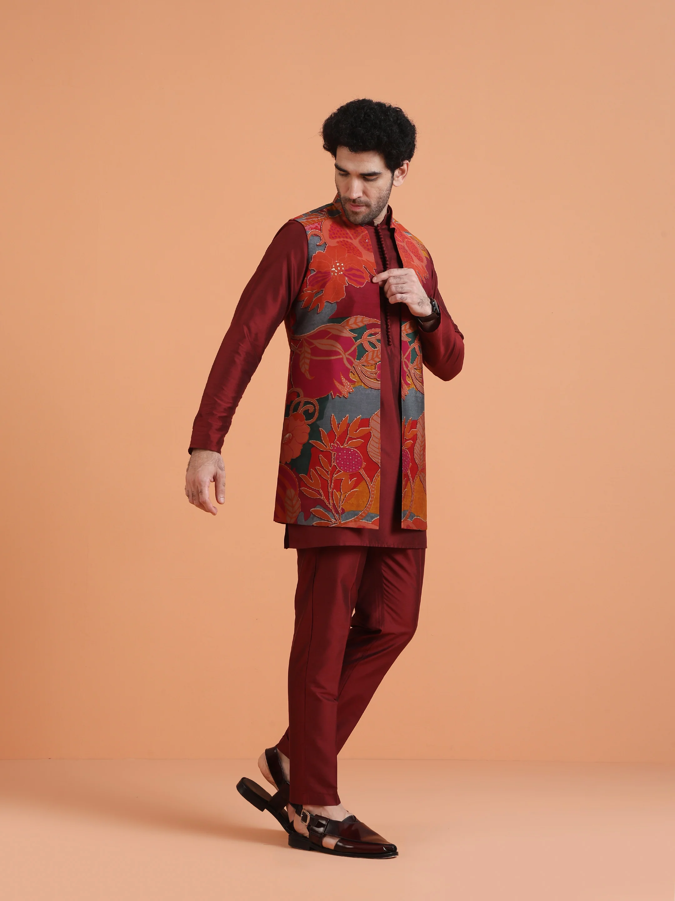 Maroon Silk Blend Multicolor Velvet Long Jacket Kurta Trouser - Image 3