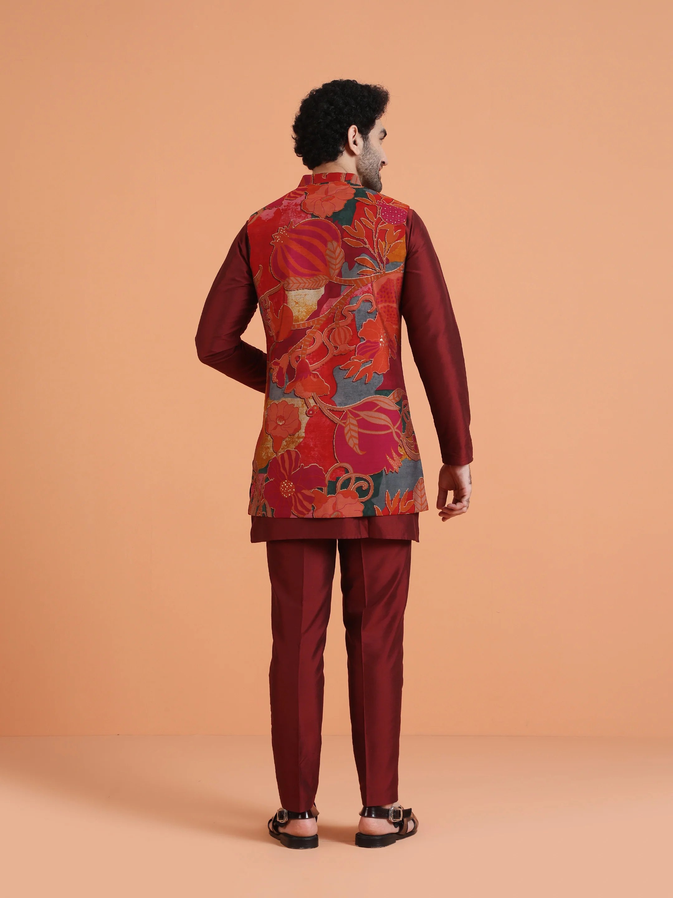 Maroon Silk Blend Multicolor Velvet Long Jacket Kurta Trouser - Image 4
