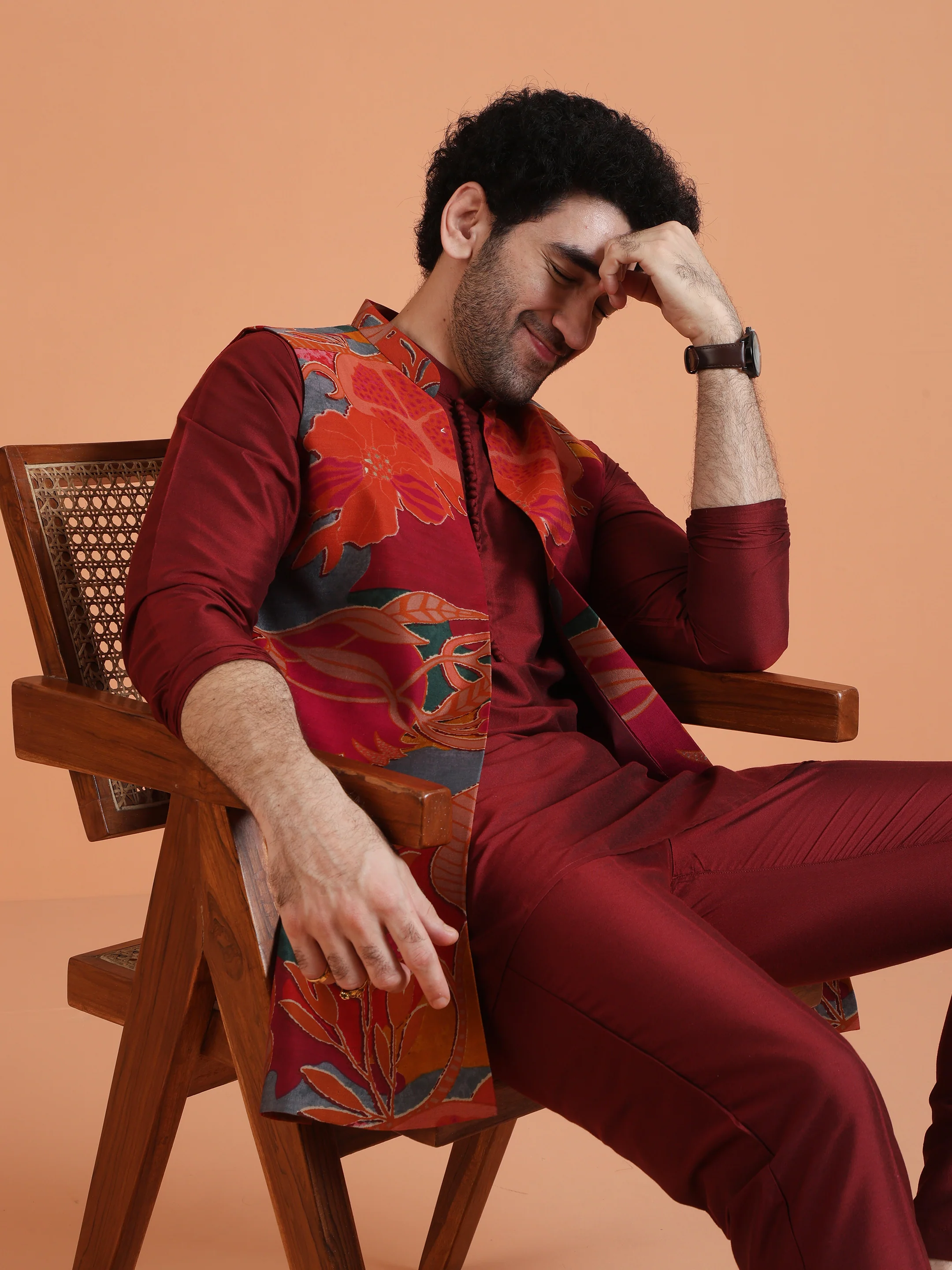 Maroon Silk Blend Multicolor Velvet Long Jacket Kurta Trouser - Image 8
