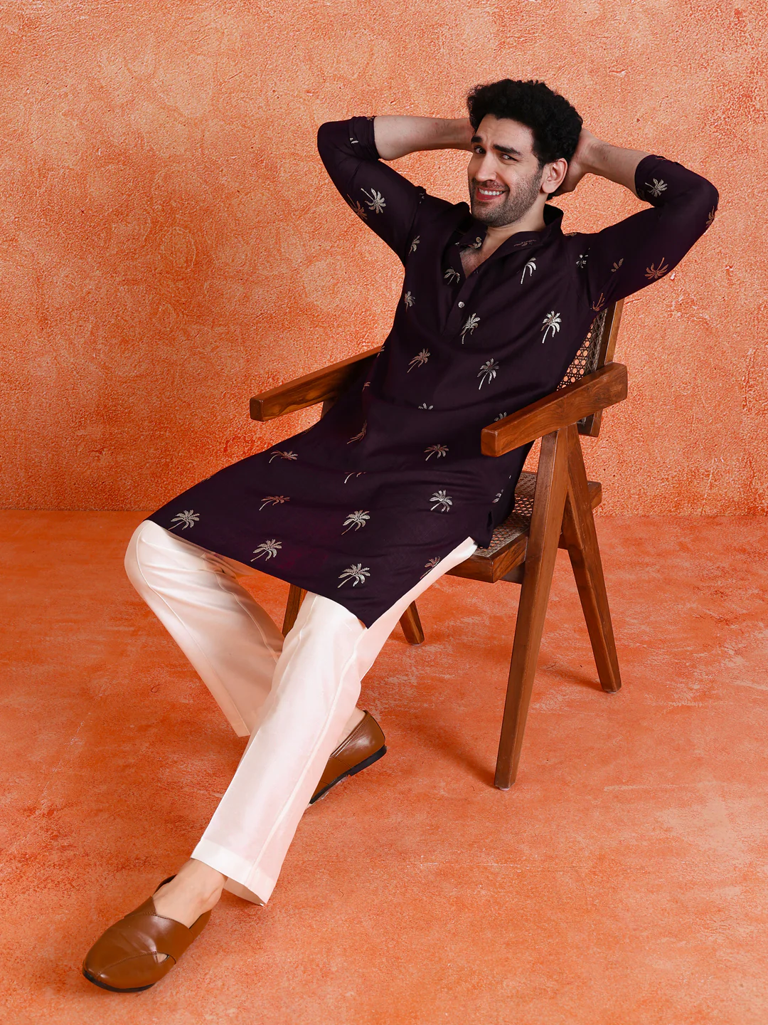 Maroon Silk Blend Printed Kurta Wide Leg Trouser Set