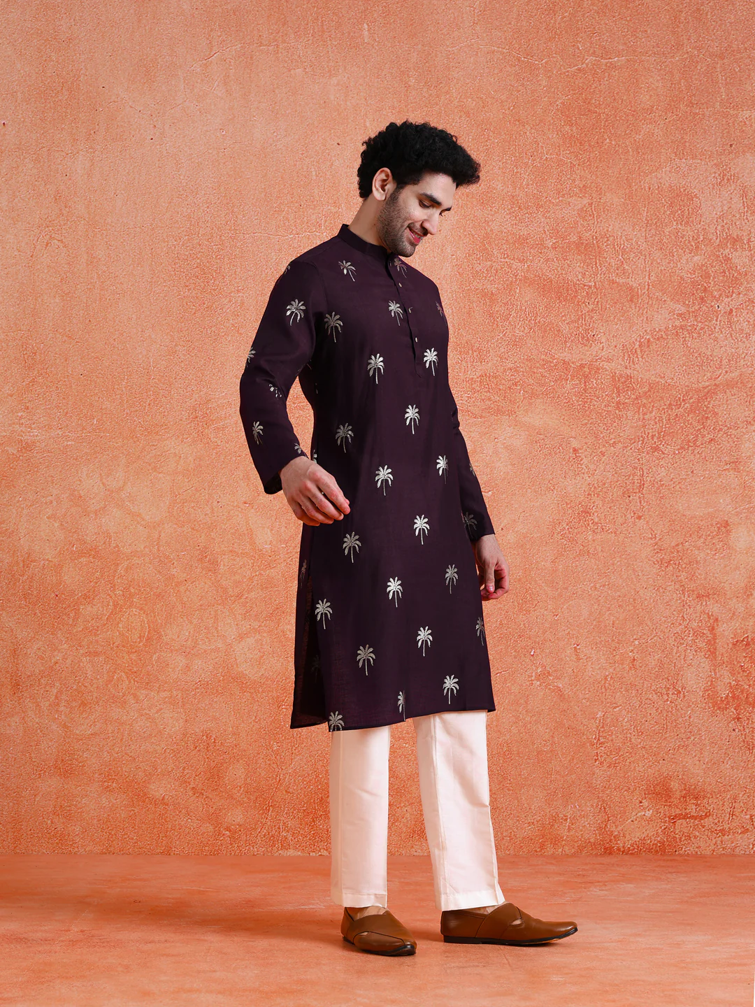Maroon Silk Blend Printed Kurta Wide Leg Trouser Set - Image 2