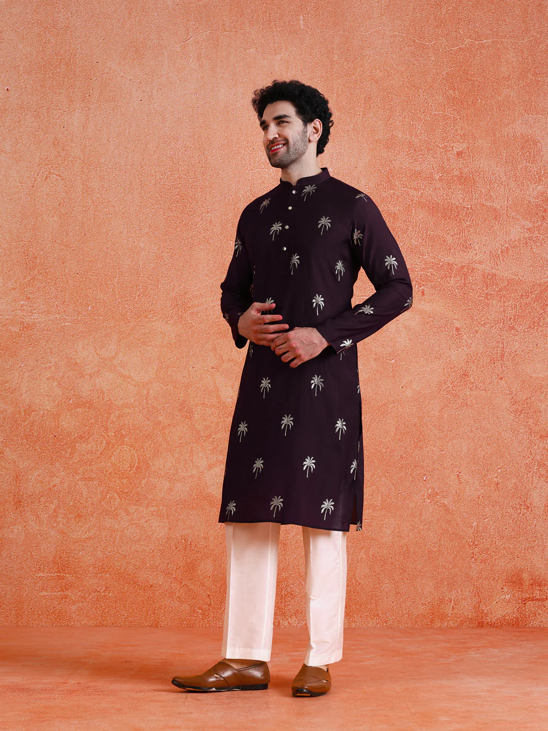 Maroon Silk Blend Printed Kurta Wide Leg Trouser Set - Image 3