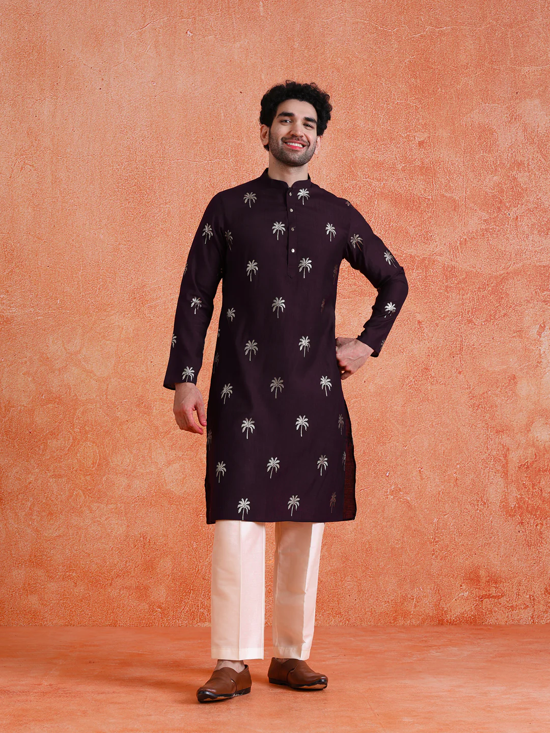 Maroon Silk Blend Printed Kurta Wide Leg Trouser Set - Image 7