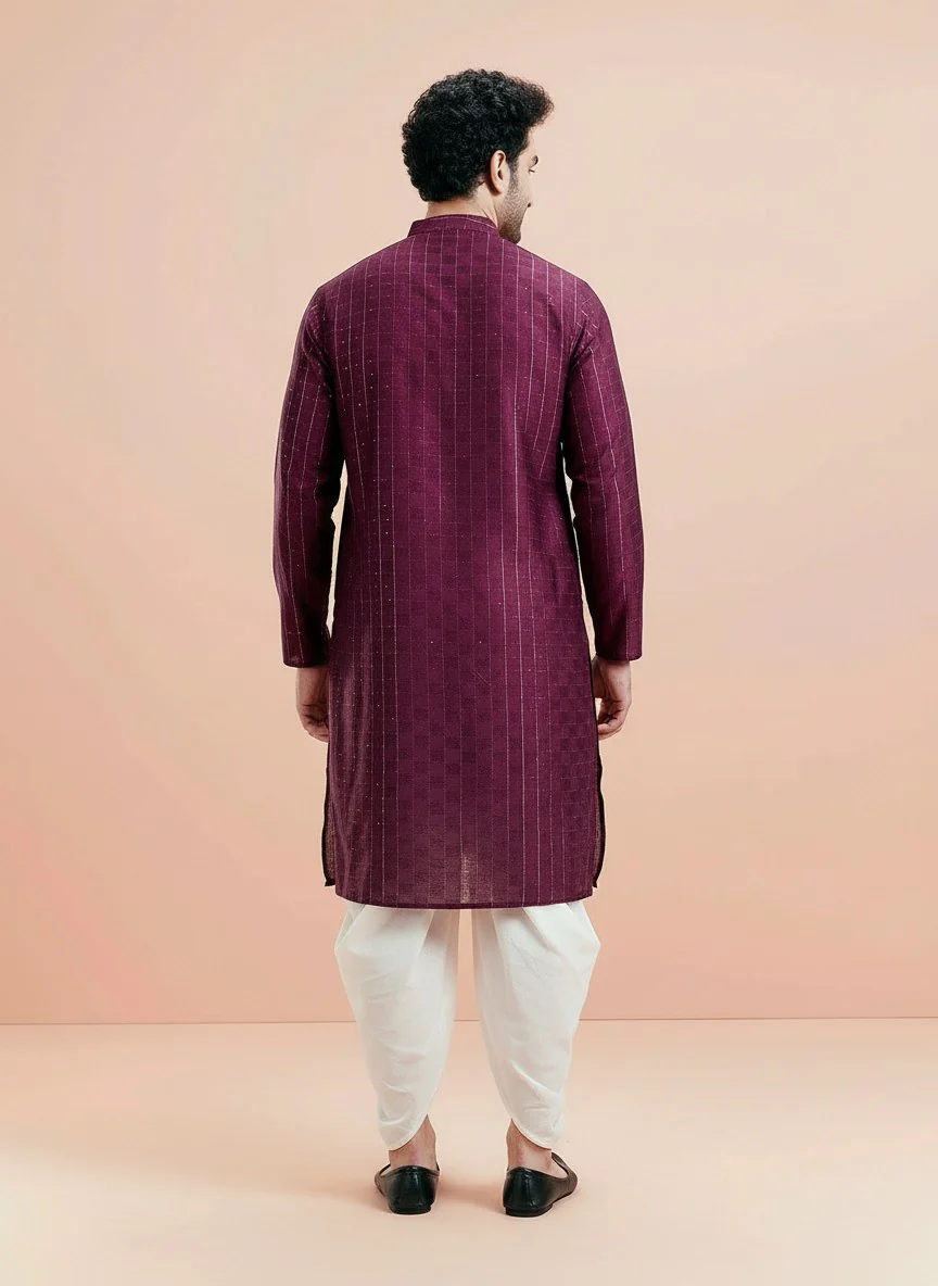 Maroon Silk Blend Textured Kurta Dhoti Set - Image 3