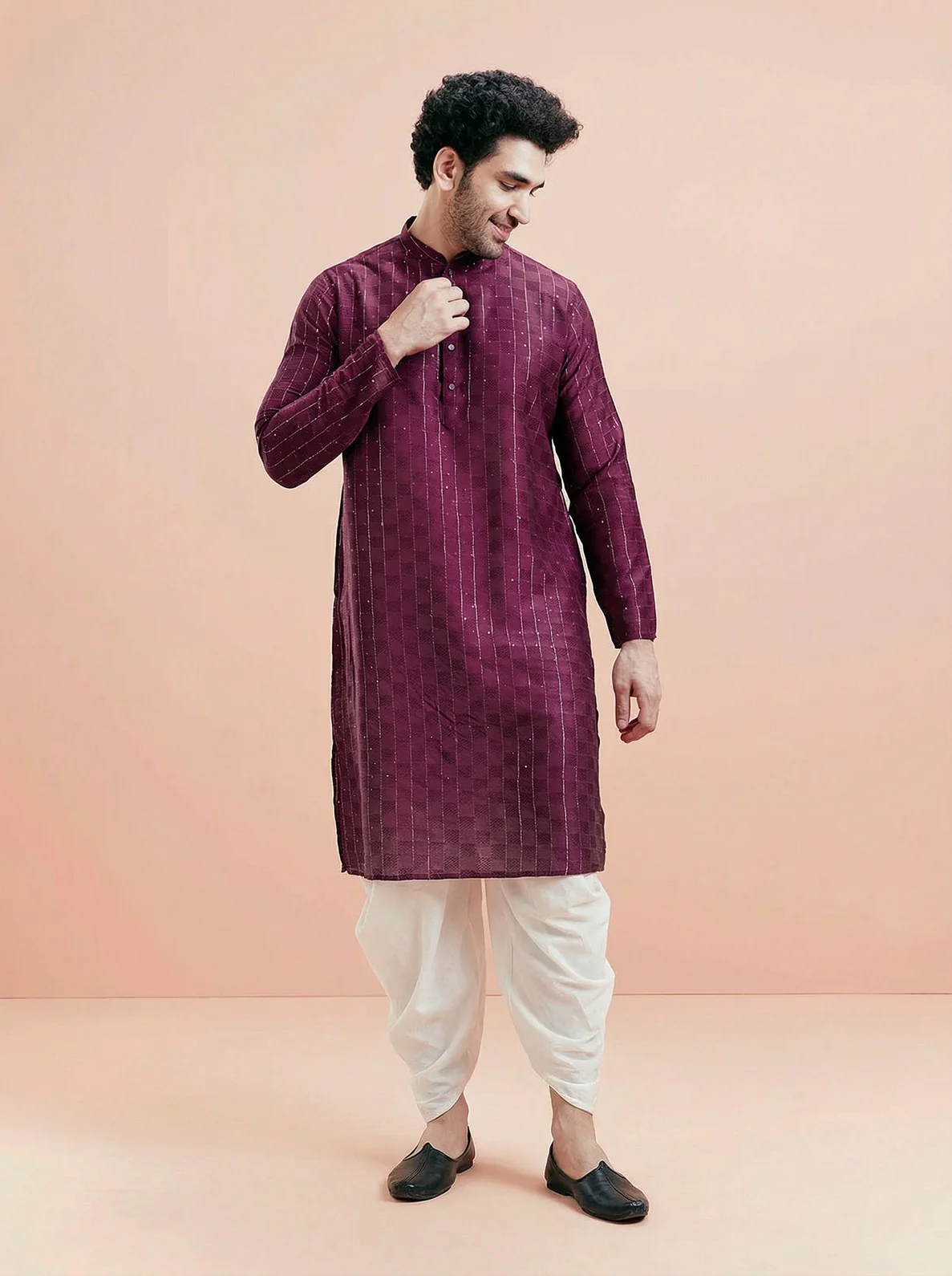 Maroon Silk Blend Textured Kurta Dhoti Set - Image 7